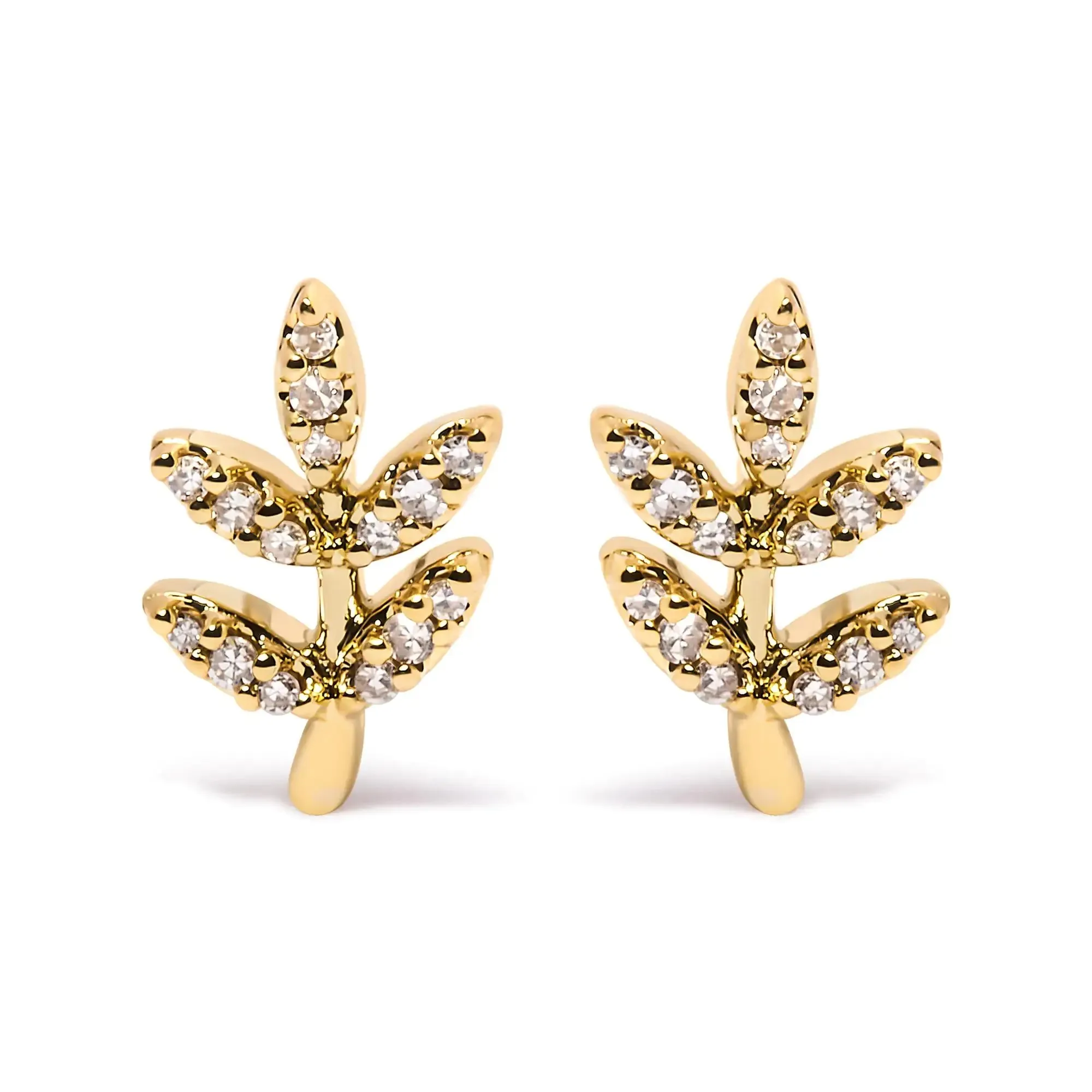 10K Yellow Gold 1/10 Cttw Diamond Accented Leaf and Branch Stud Earrings (H-I Color, I1-I2 Clarity)