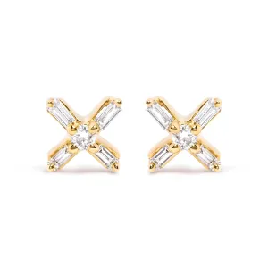 10K Yellow Gold 1/10 Cttw Round and Baguette Diamond Criss Cross X Stud Earring (H-I Color, I1-I2 Clarity)
