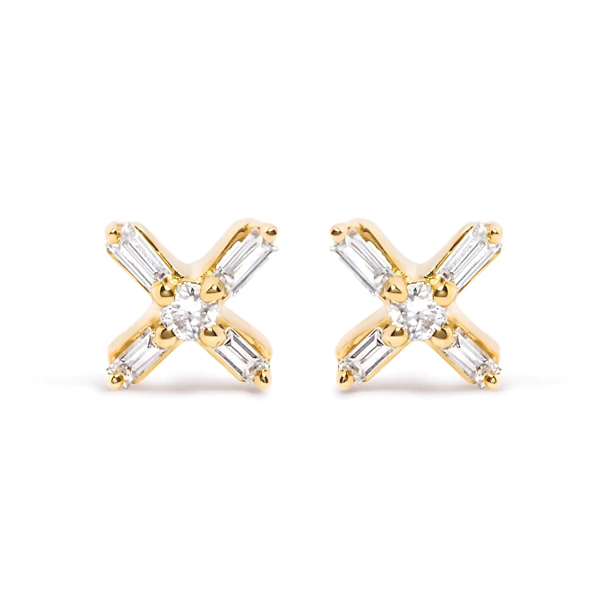 10K Yellow Gold 1/10 Cttw Round and Baguette Diamond Criss Cross X Stud Earring (H-I Color, I1-I2 Clarity)