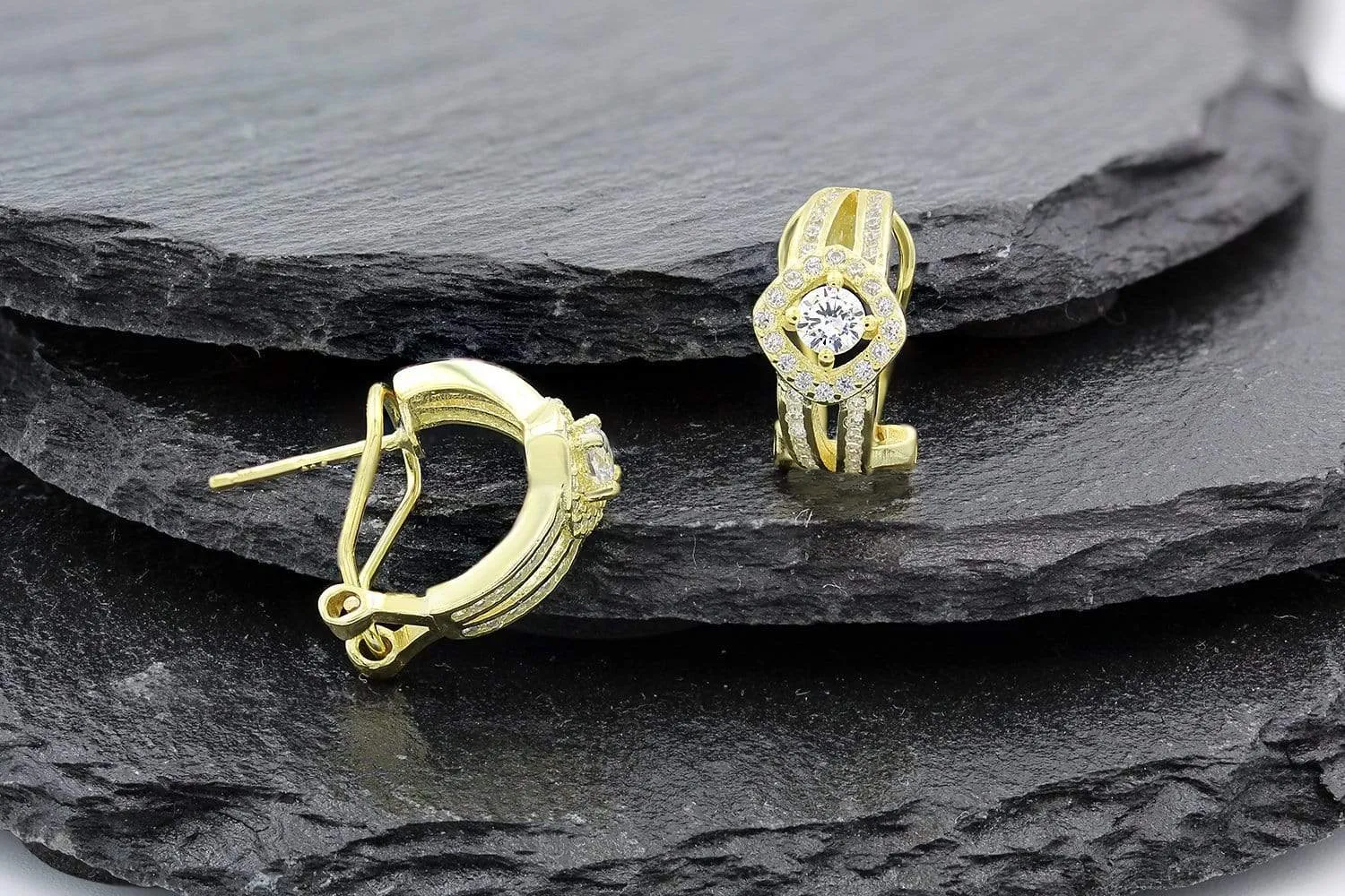 925 Sterling Silver Gold Plated Double Row Diamond Huggie Earrings