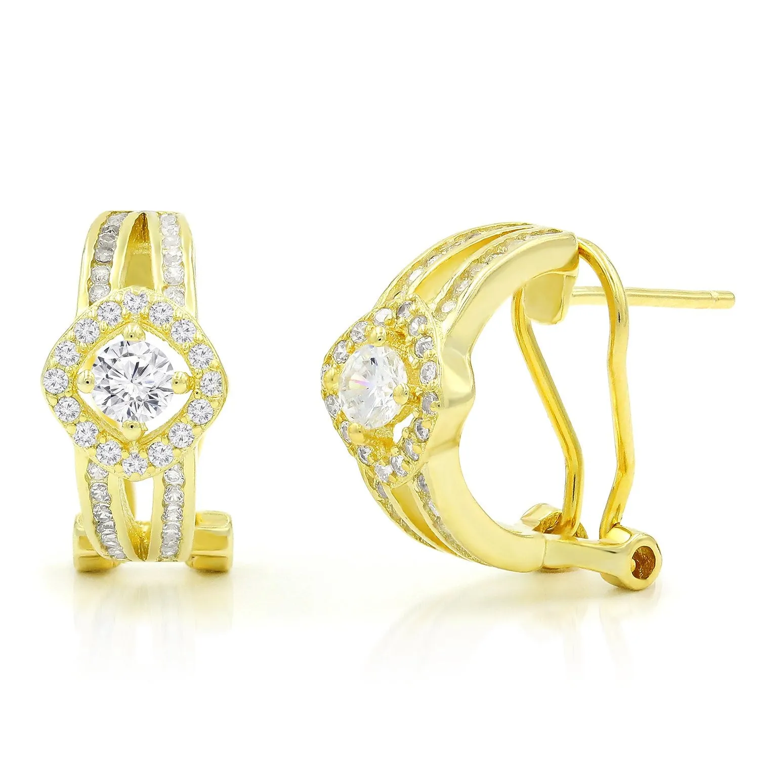 925 Sterling Silver Gold Plated Double Row Diamond Huggie Earrings