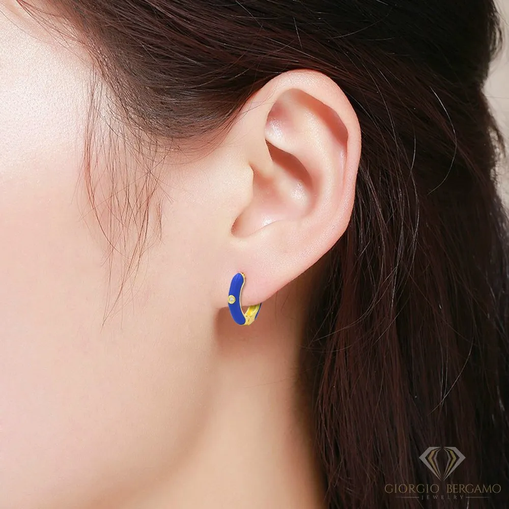 925 Sterling Silver Gold Plated Minimalist Enamel Colored Hoop Earrings