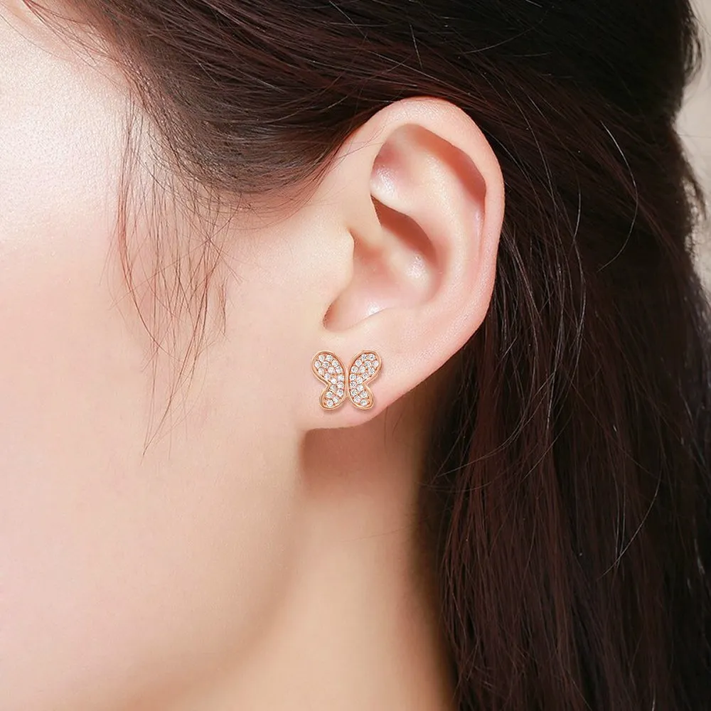 925 Sterling Silver Rose Gold Plated Micro Pave Butterfly Stud Earring