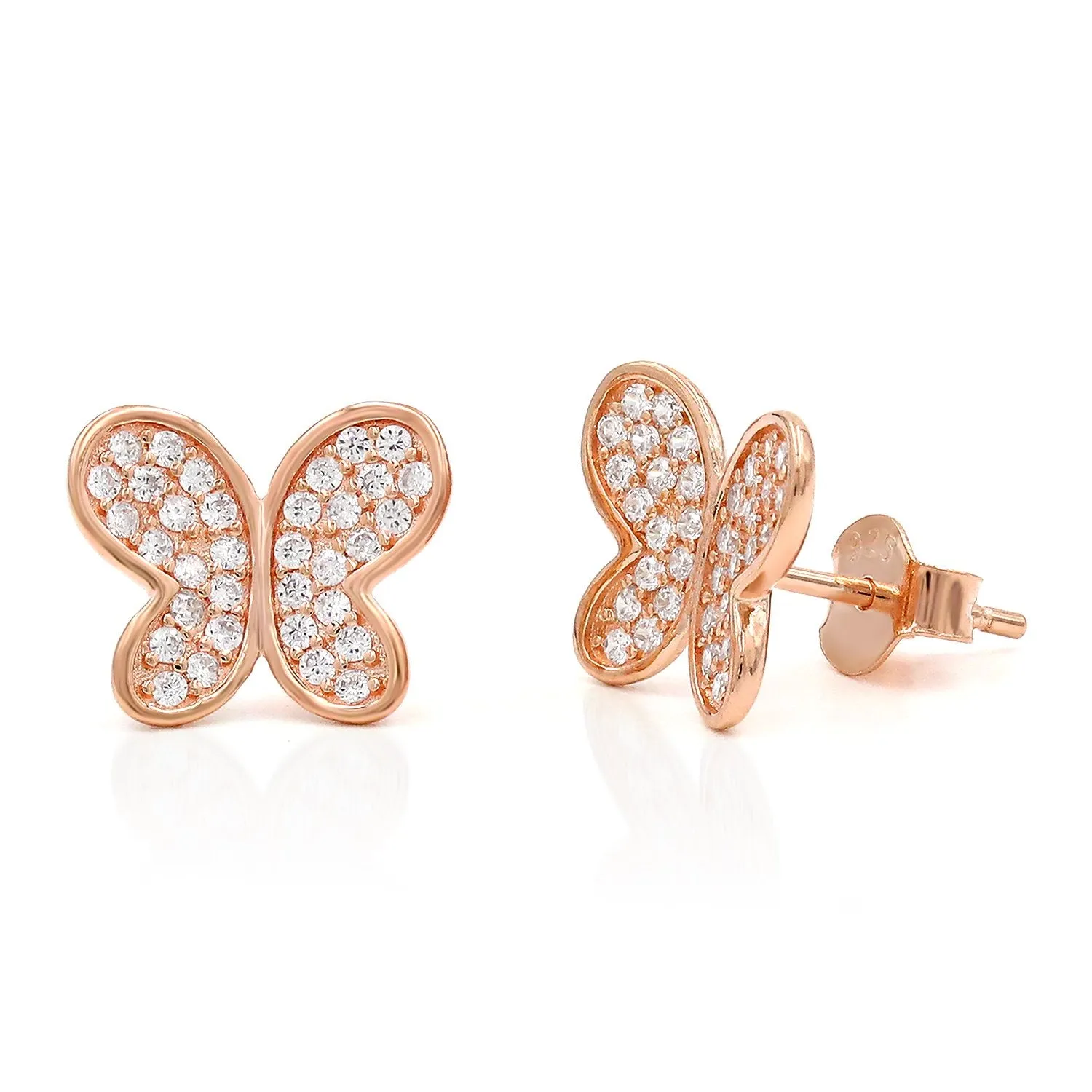 925 Sterling Silver Rose Gold Plated Micro Pave Butterfly Stud Earring