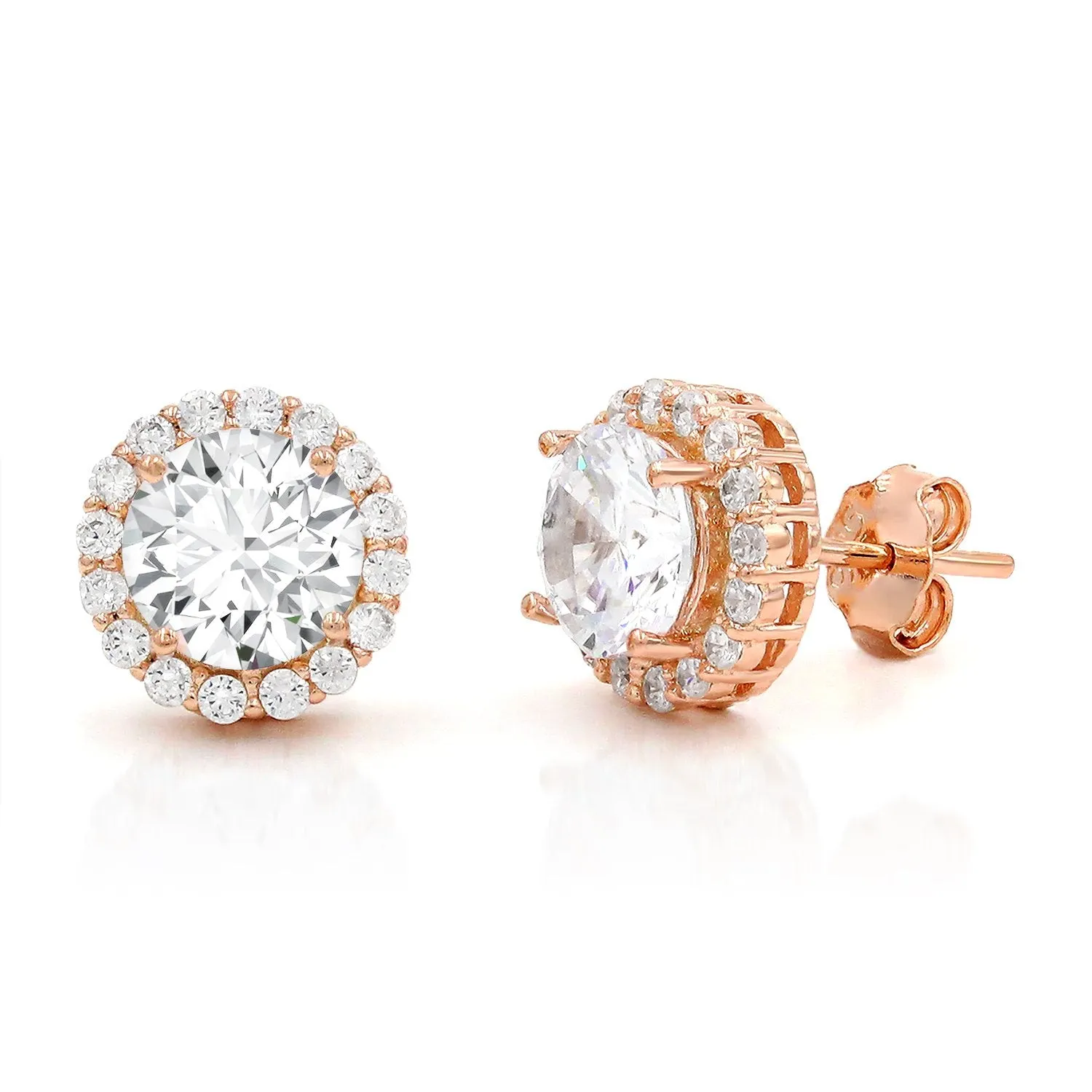 925 Sterling Silver Rose Gold Plated Micro Pave Round Halo Stud Earring