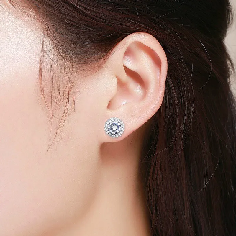 925 Sterling Silver Rose Gold Plated Micro Pave Round Halo Stud Earring