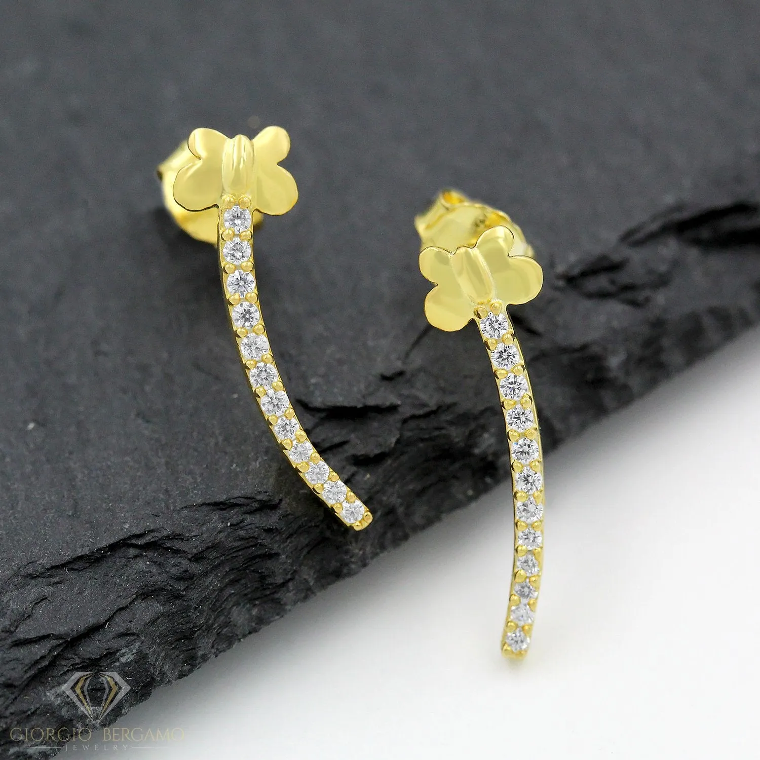 925 Sterling Silver Yellow Gold Plated Butterfly Curved Bar Stud Earrings