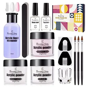 Acrylic Powder and Liquid Set, Eleanore's Diary Nail Powder Extension Set with Liquid Monomer Base Coat Top Coat Acrylic Nail Brush Nail Forms Nail File, 3 Colors Nail Powder Kit, Gift for Women