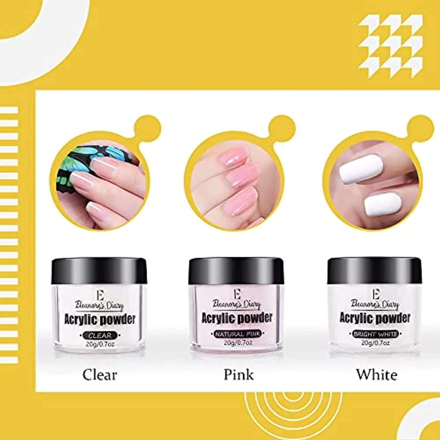 Acrylic Powder and Liquid Set, Eleanore's Diary Nail Powder Extension Set with Liquid Monomer Base Coat Top Coat Acrylic Nail Brush Nail Forms Nail File, 3 Colors Nail Powder Kit, Gift for Women