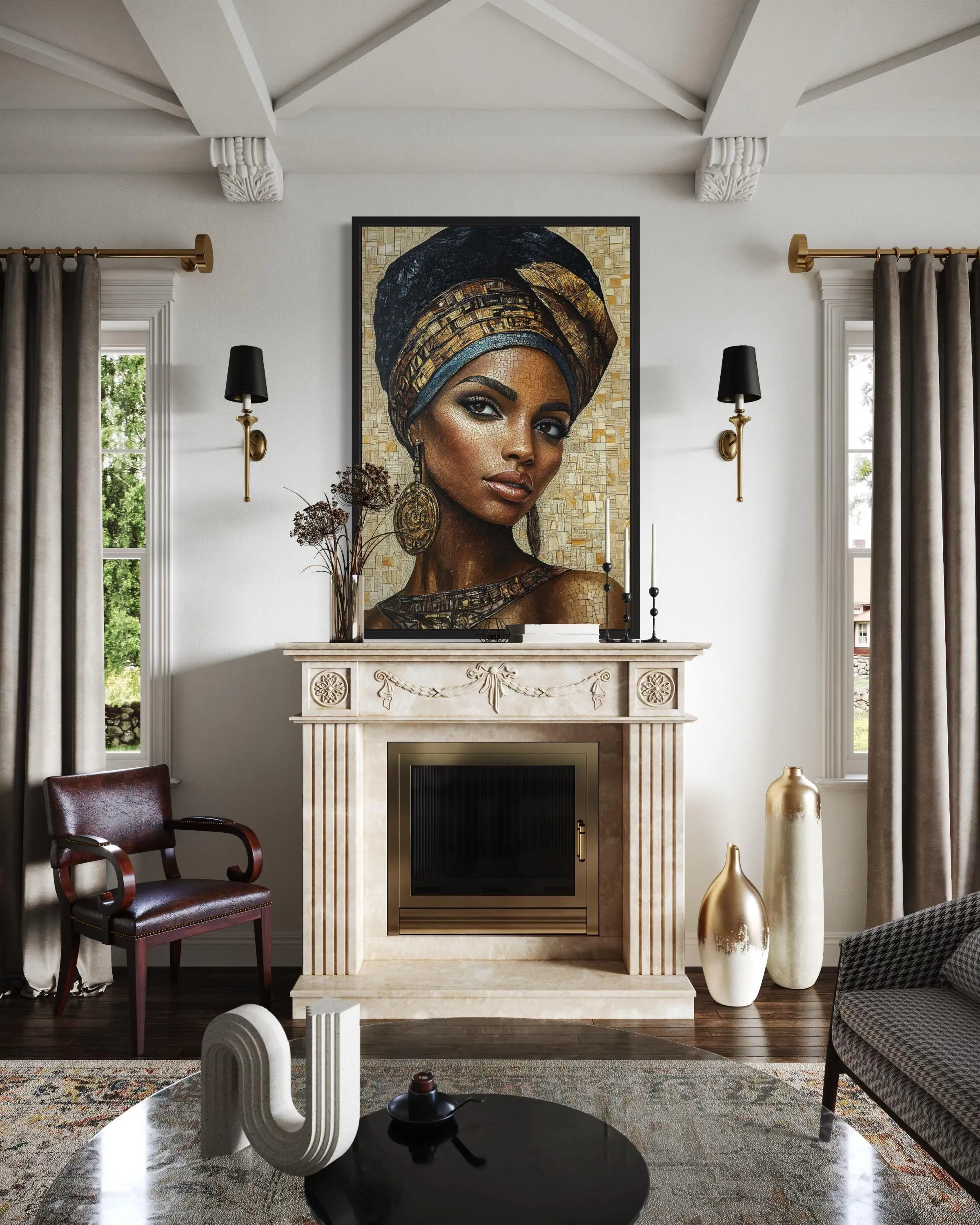 African Woman Mosaic Style Beauty Portrait Framed Canvas Wall Art