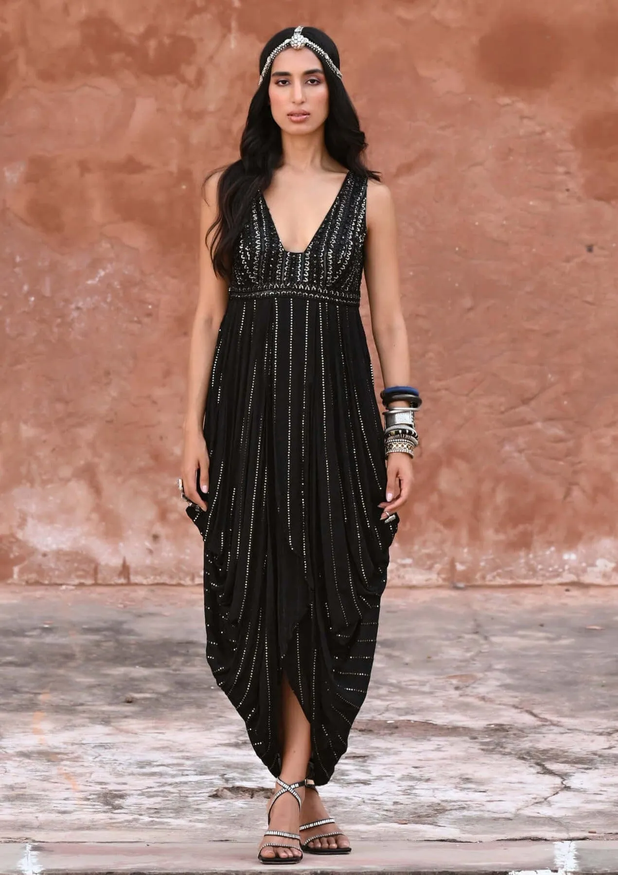 Alder black draped dress