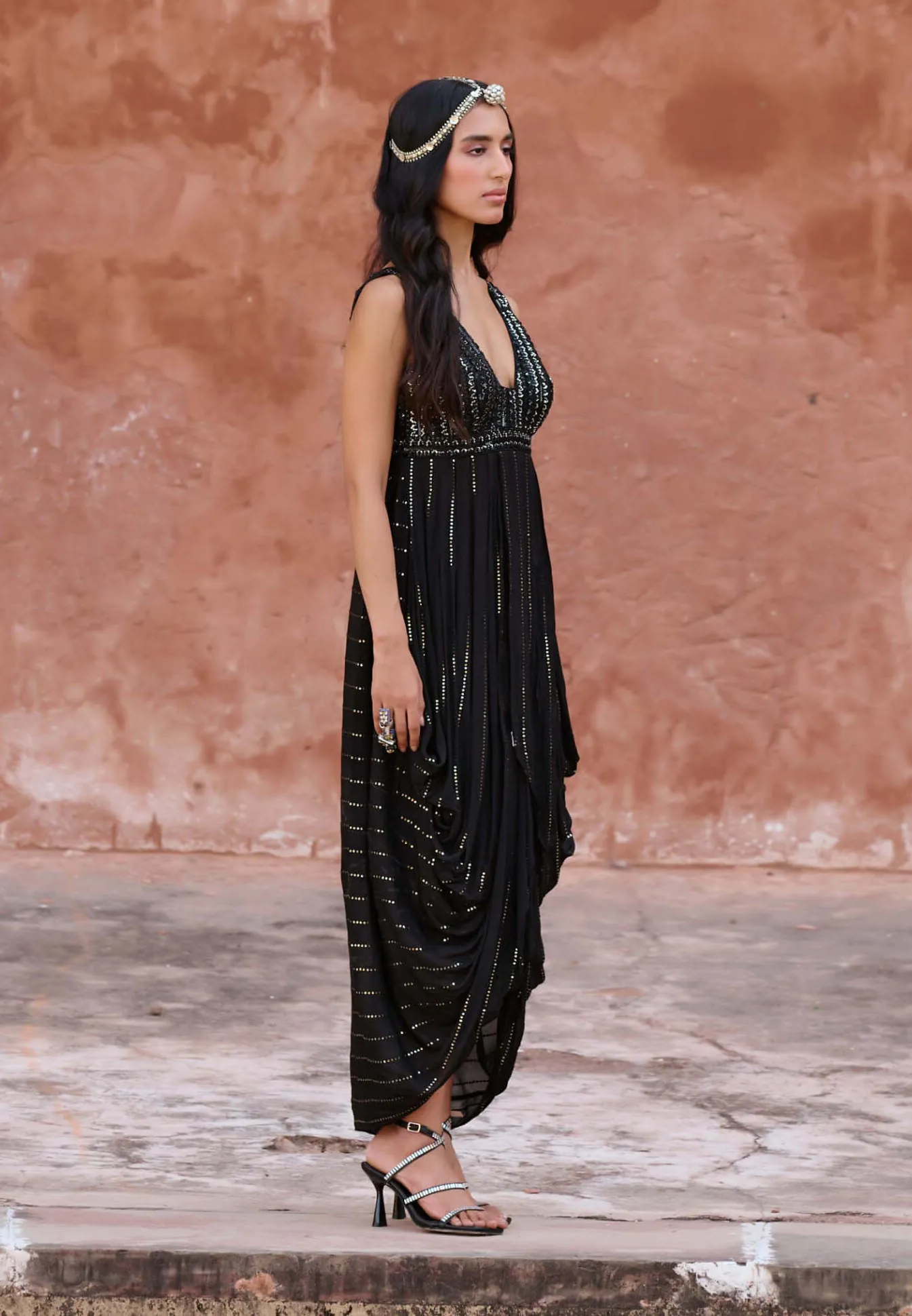 Alder black draped dress