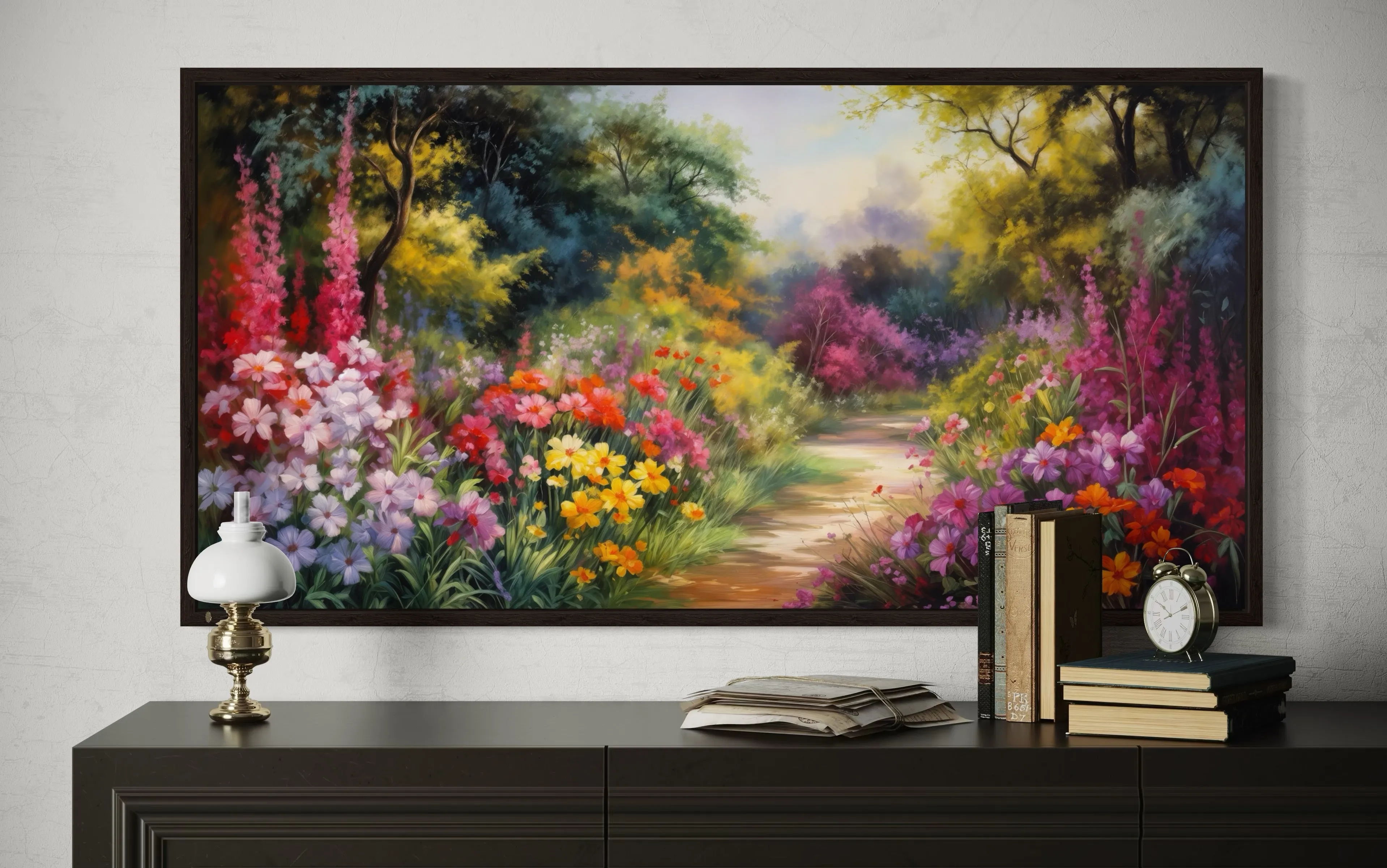 Antique Flower Garden Colorful Framed Canvas Wall Art