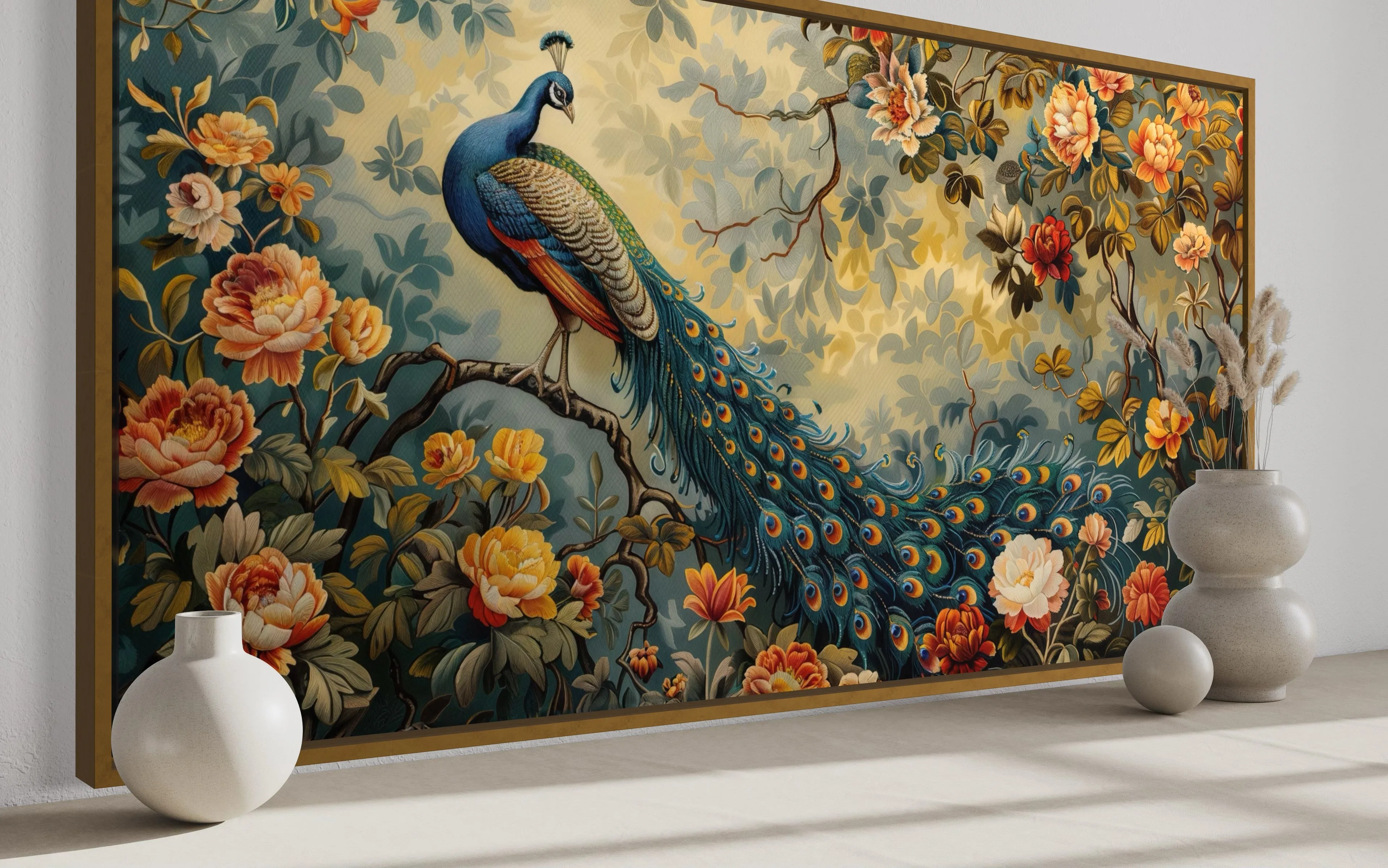Antique Style Peacock In The Garden Tapestry Framed Canvas Wall Art