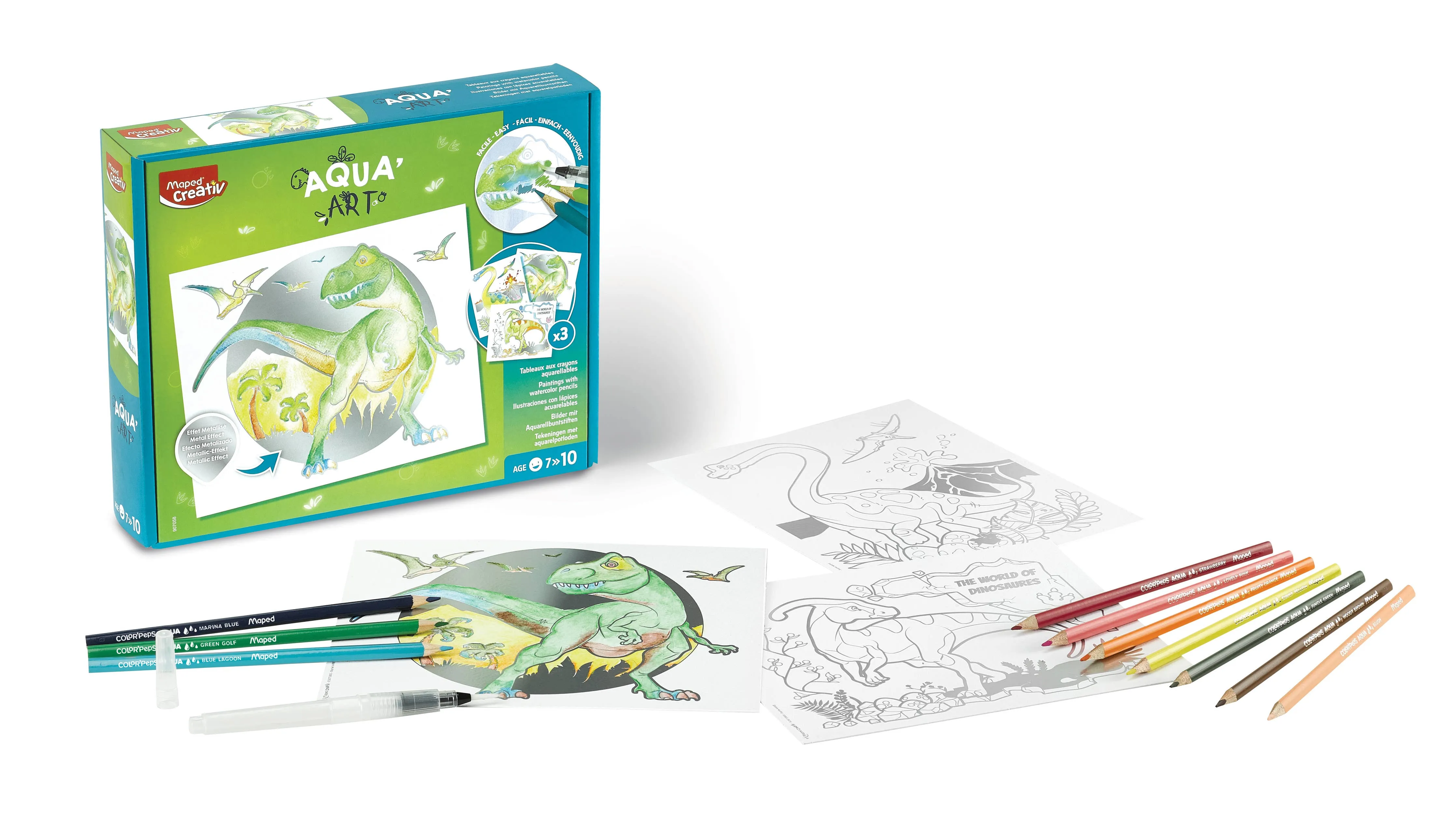 AquaArt Dinosaurs Metallized Watercolor Drawings 14 Piece Kit