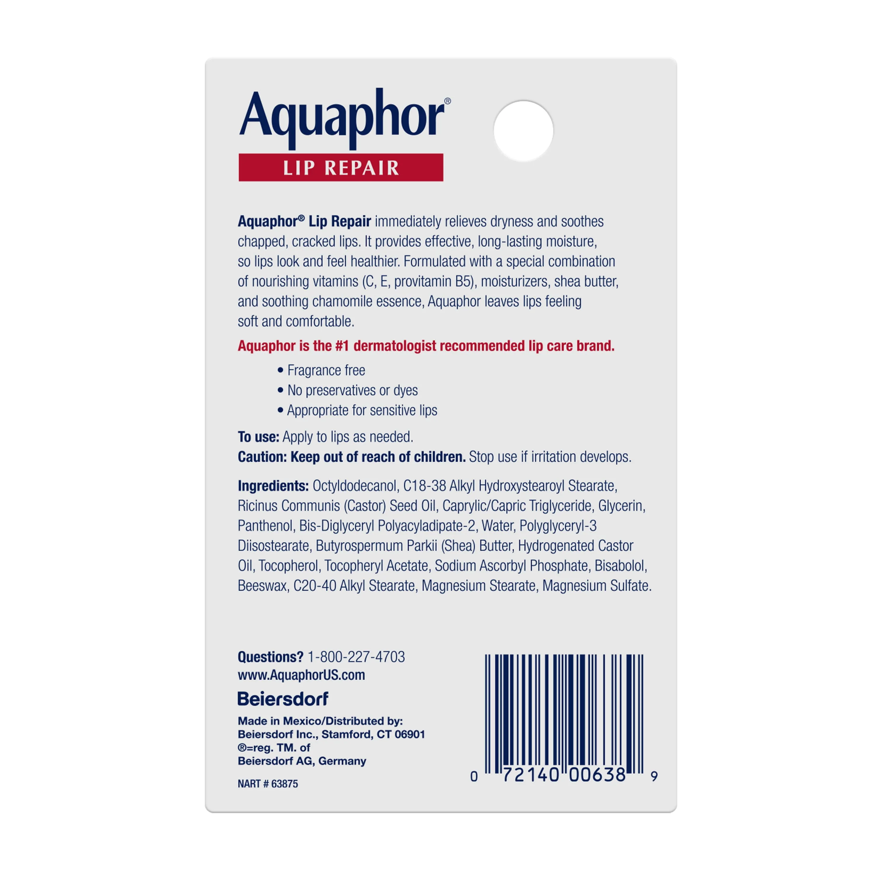 Aquaphor Lip Repair Ointment - Long-lasting Moisture to Soothe Dry Chapped Lips
