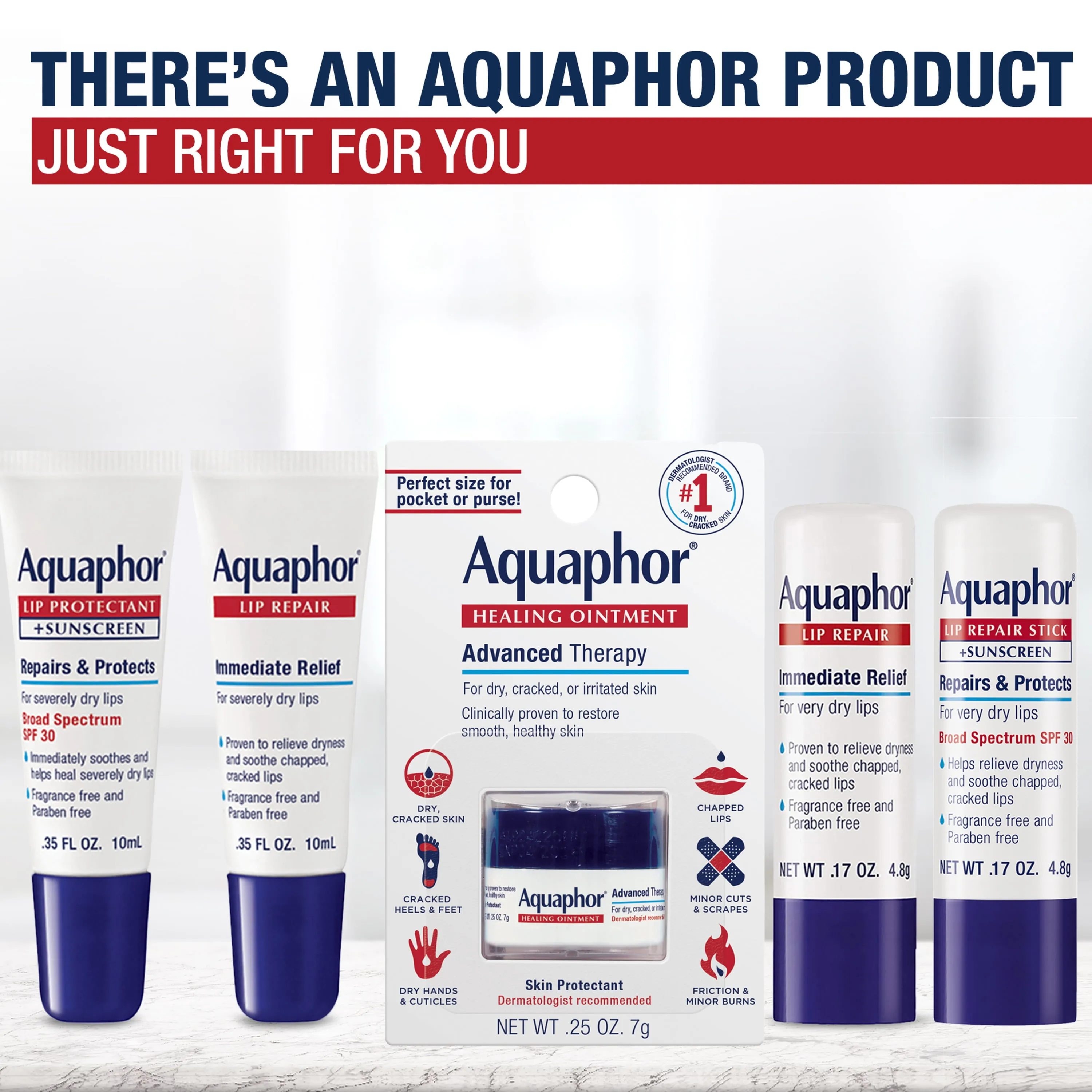 Aquaphor Lip Repair Ointment - Long-lasting Moisture to Soothe Dry Chapped Lips