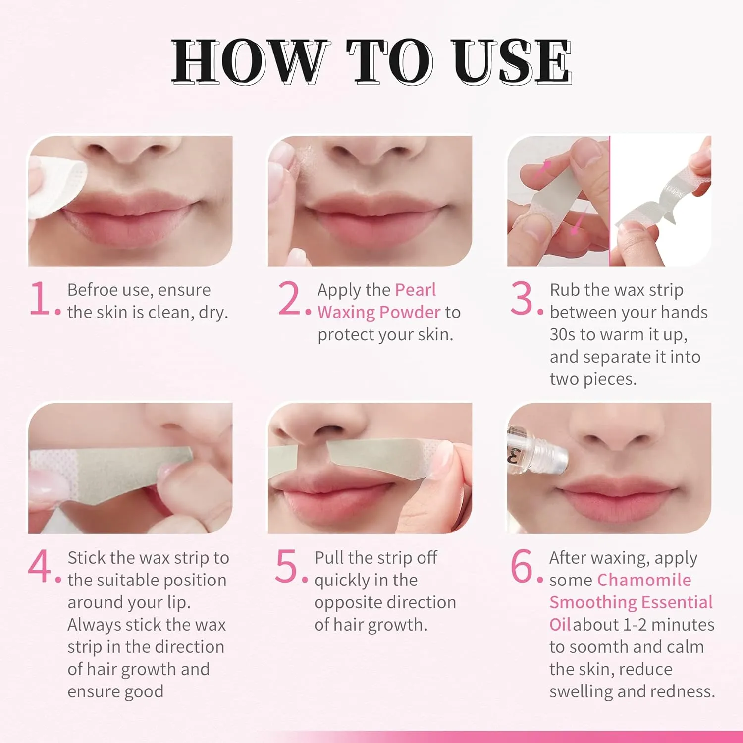 Beauty7 Lip Wax Strips Lip Hair Removal Wax Strips for Sensitive All Skin Types Women 20 pcs with Pearl Powder Essential Oil