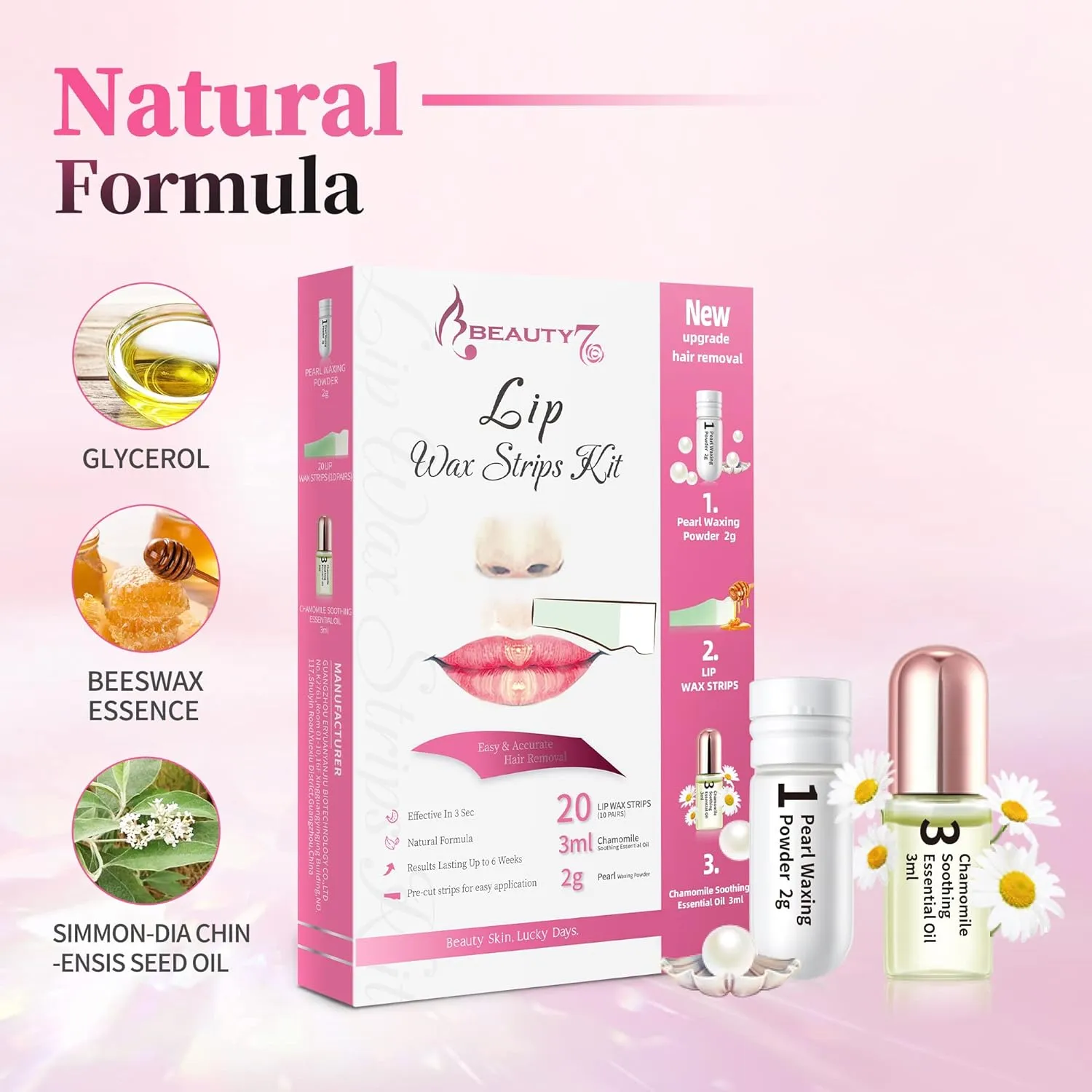 Beauty7 Lip Wax Strips Lip Hair Removal Wax Strips for Sensitive All Skin Types Women 20 pcs with Pearl Powder Essential Oil