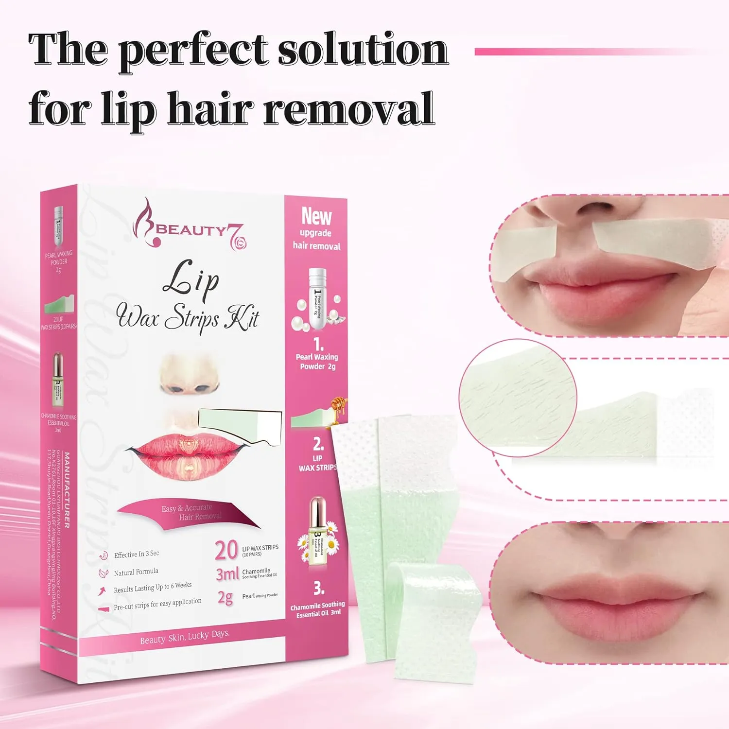 Beauty7 Lip Wax Strips Lip Hair Removal Wax Strips for Sensitive All Skin Types Women 20 pcs with Pearl Powder Essential Oil
