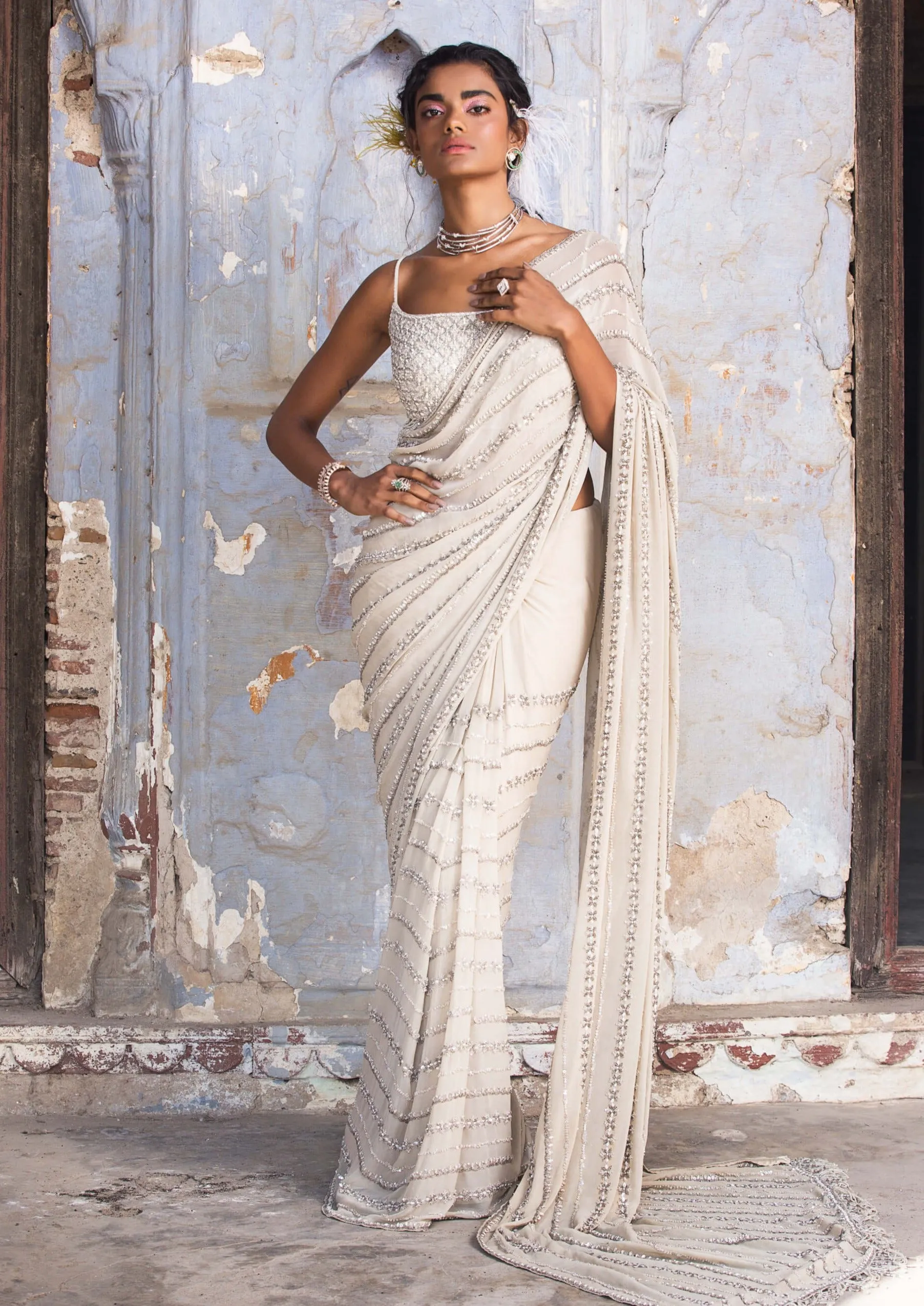 Beige shimmer georgette sari set
