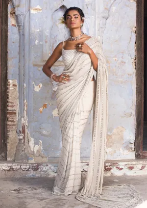 Beige shimmer georgette sari set