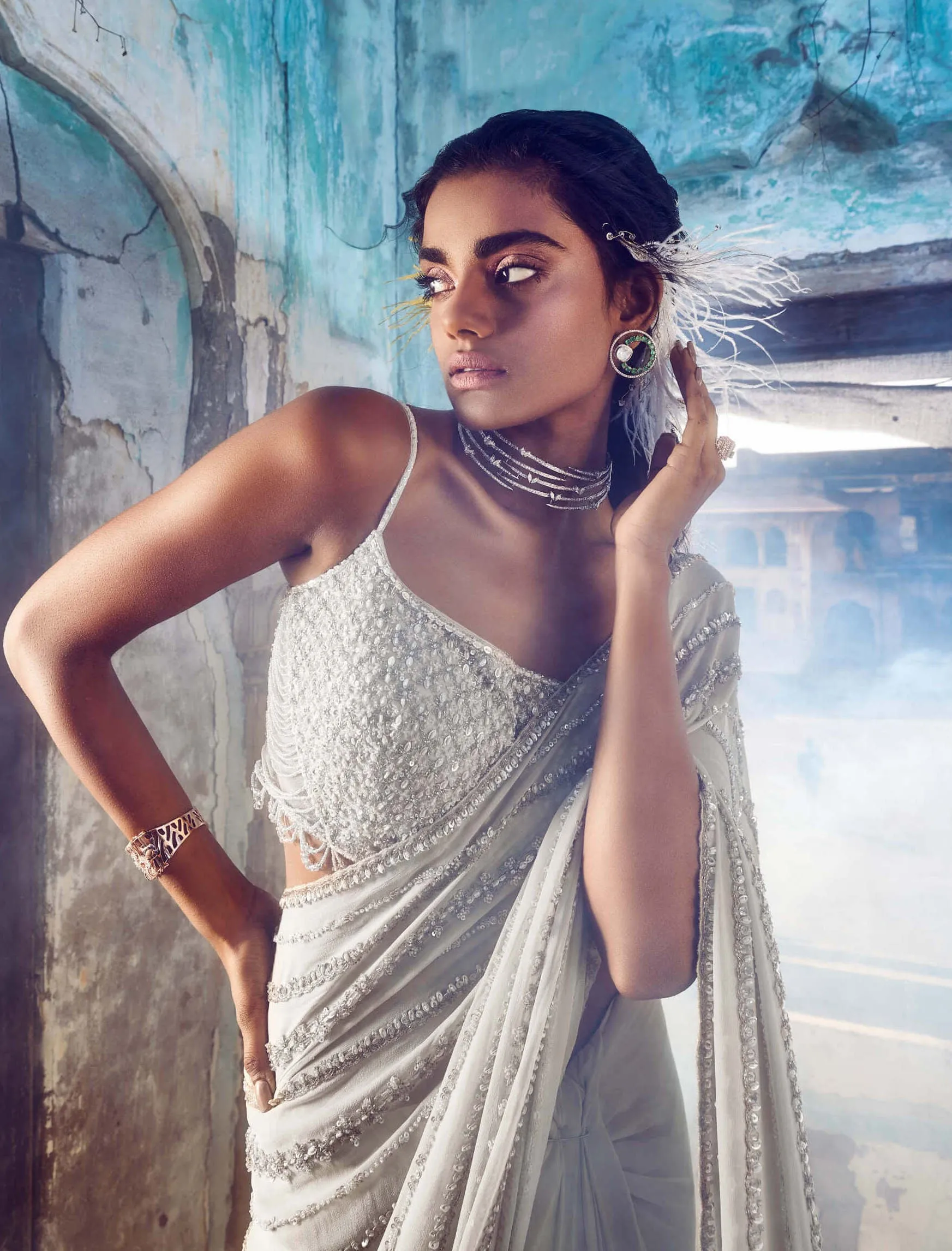 Beige shimmer georgette sari set
