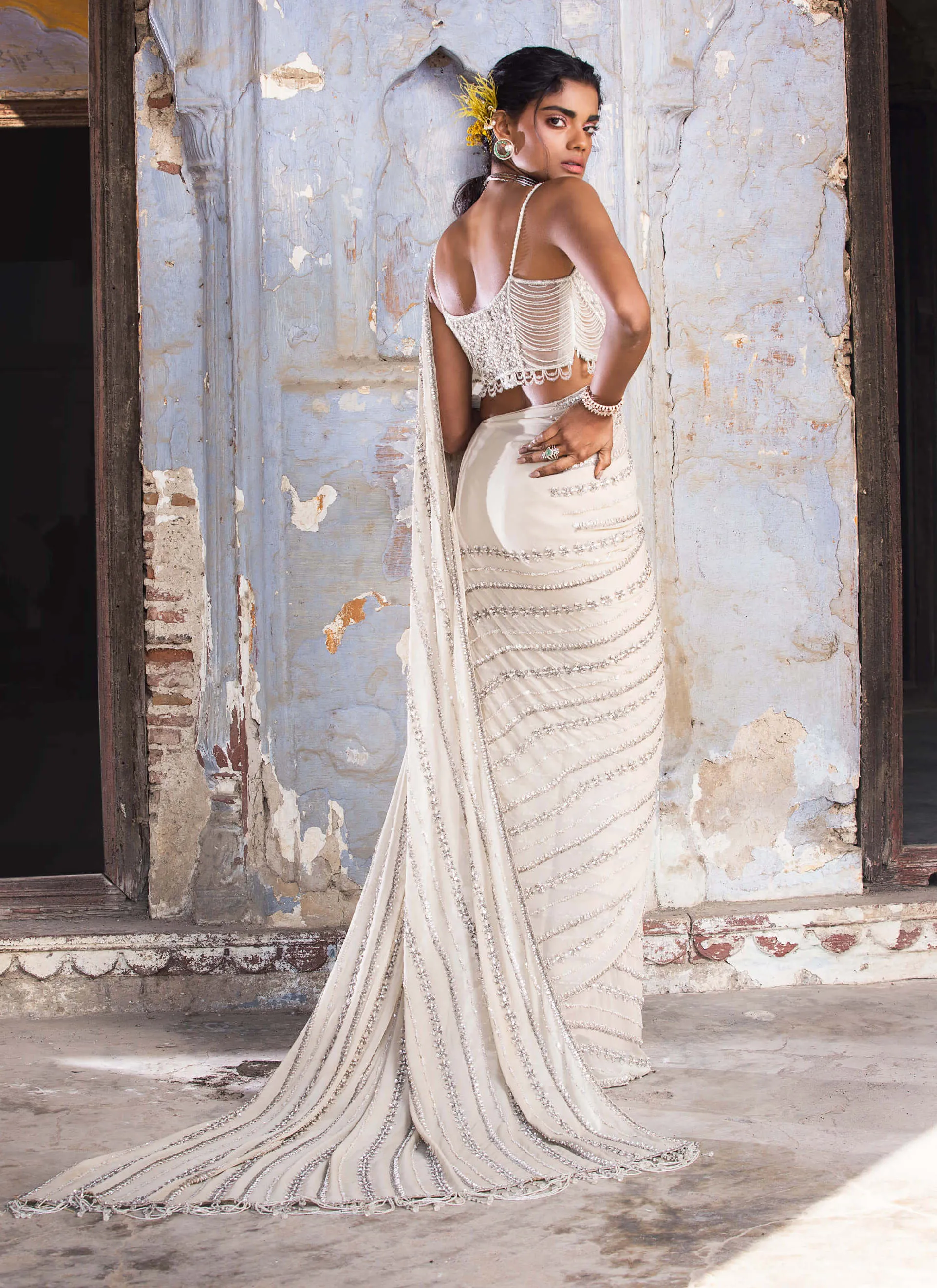Beige shimmer georgette sari set