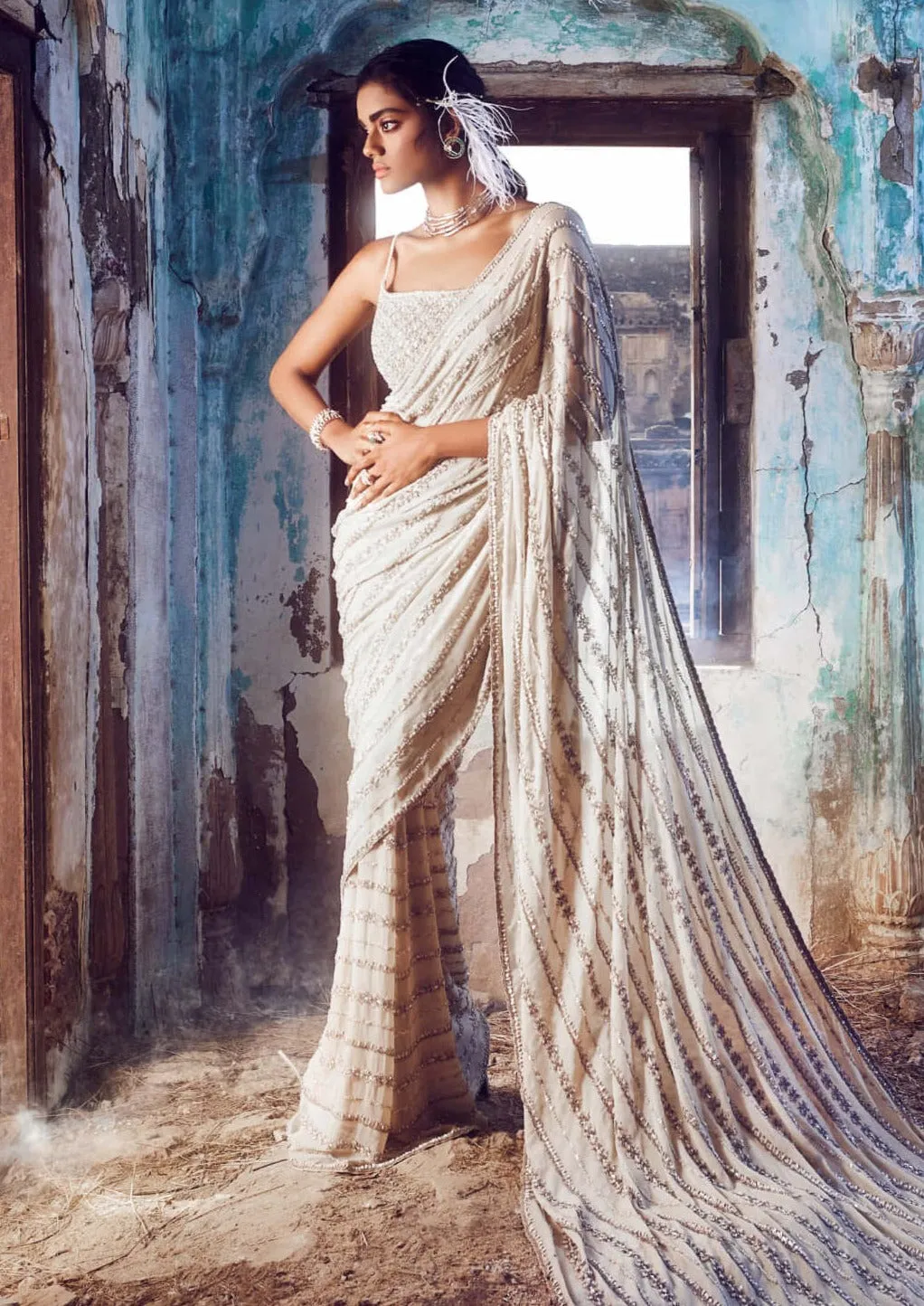 Beige shimmer georgette sari set