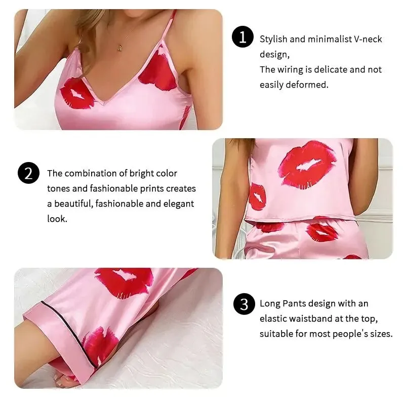 Briella - Schicke und Stilvolle Frühling  Pinke Satin-Lippenprint-Pyjamaset für Damen
