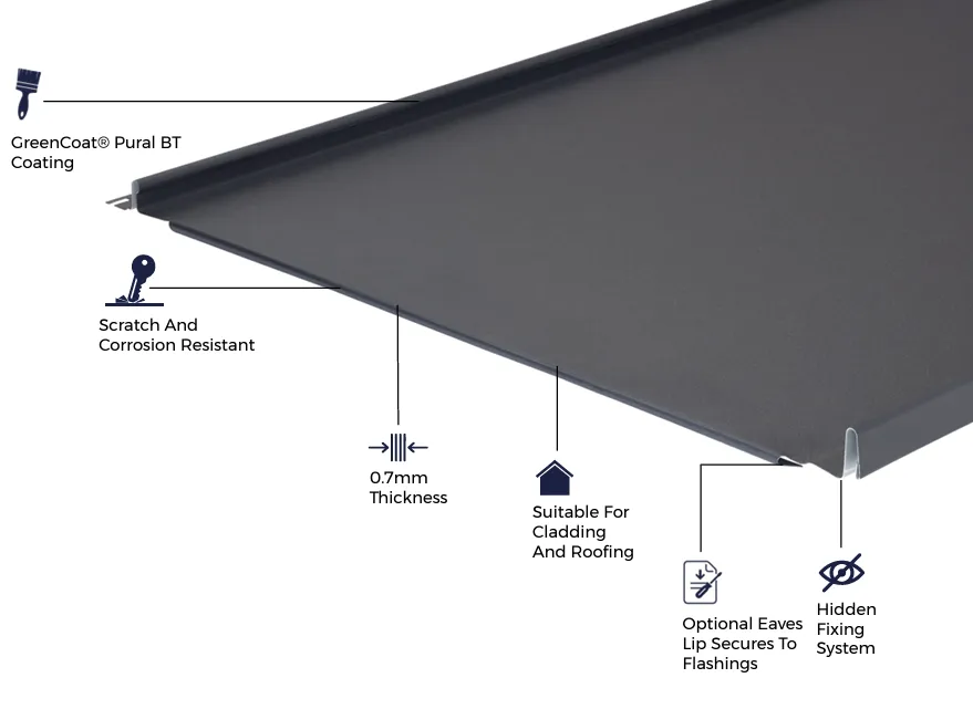 Cladco 30/500 GreenCoat® 0.7 Steel Standing Seam Roof Sheet without Eaves (no Ribs)
