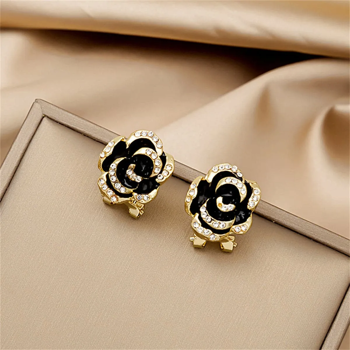 Cubic Zirconia & Black Enamel Stud Earrings