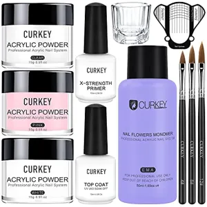 CURKEY Acrylic Nail kit - Acrylic Powder and Liquid Set Monomer Primer Top Coat Acrylic Nail Supplies Brush Forms - Nails Kit Acrylic Set with 3 Colors Nail Powder for Art Nails Extension Beginner
