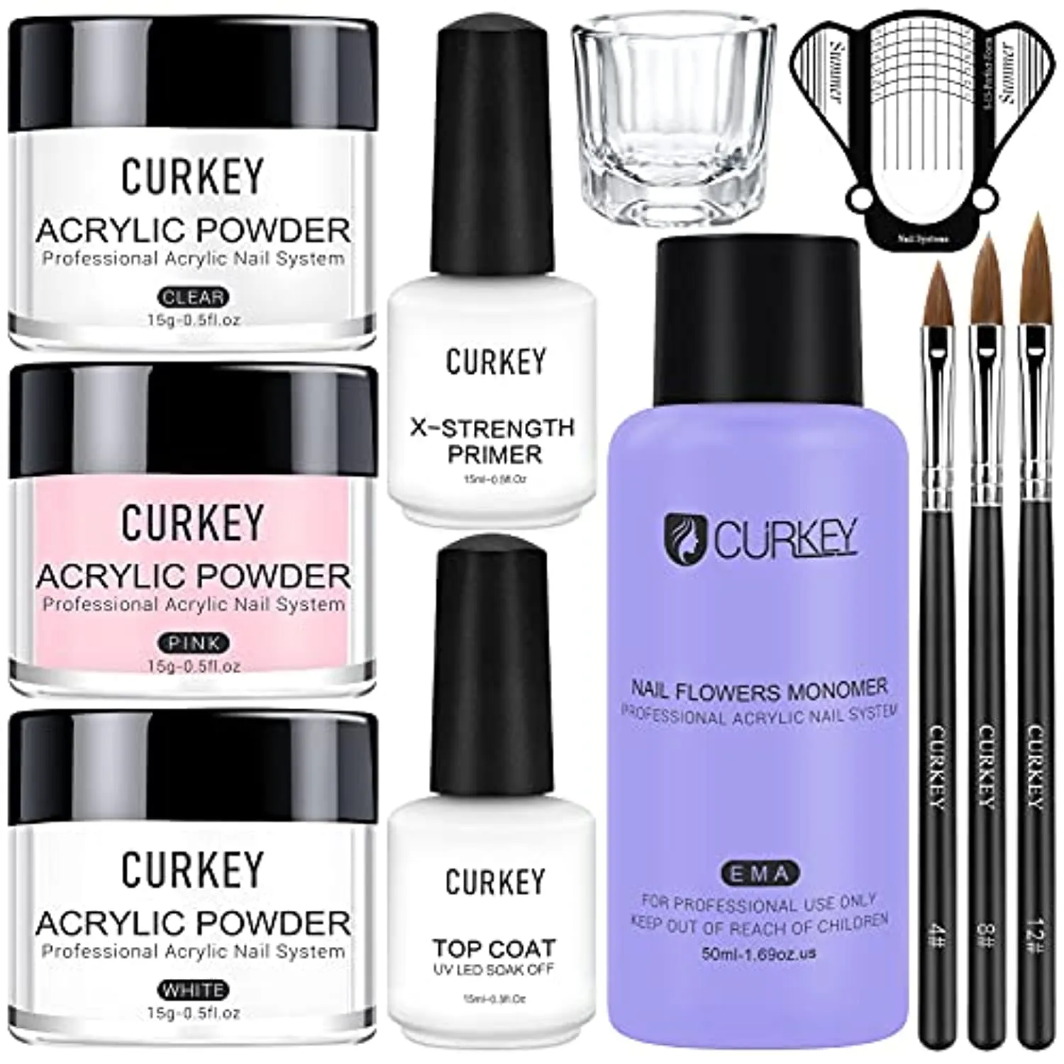 CURKEY Acrylic Nail kit - Acrylic Powder and Liquid Set Monomer Primer Top Coat Acrylic Nail Supplies Brush Forms - Nails Kit Acrylic Set with 3 Colors Nail Powder for Art Nails Extension Beginner