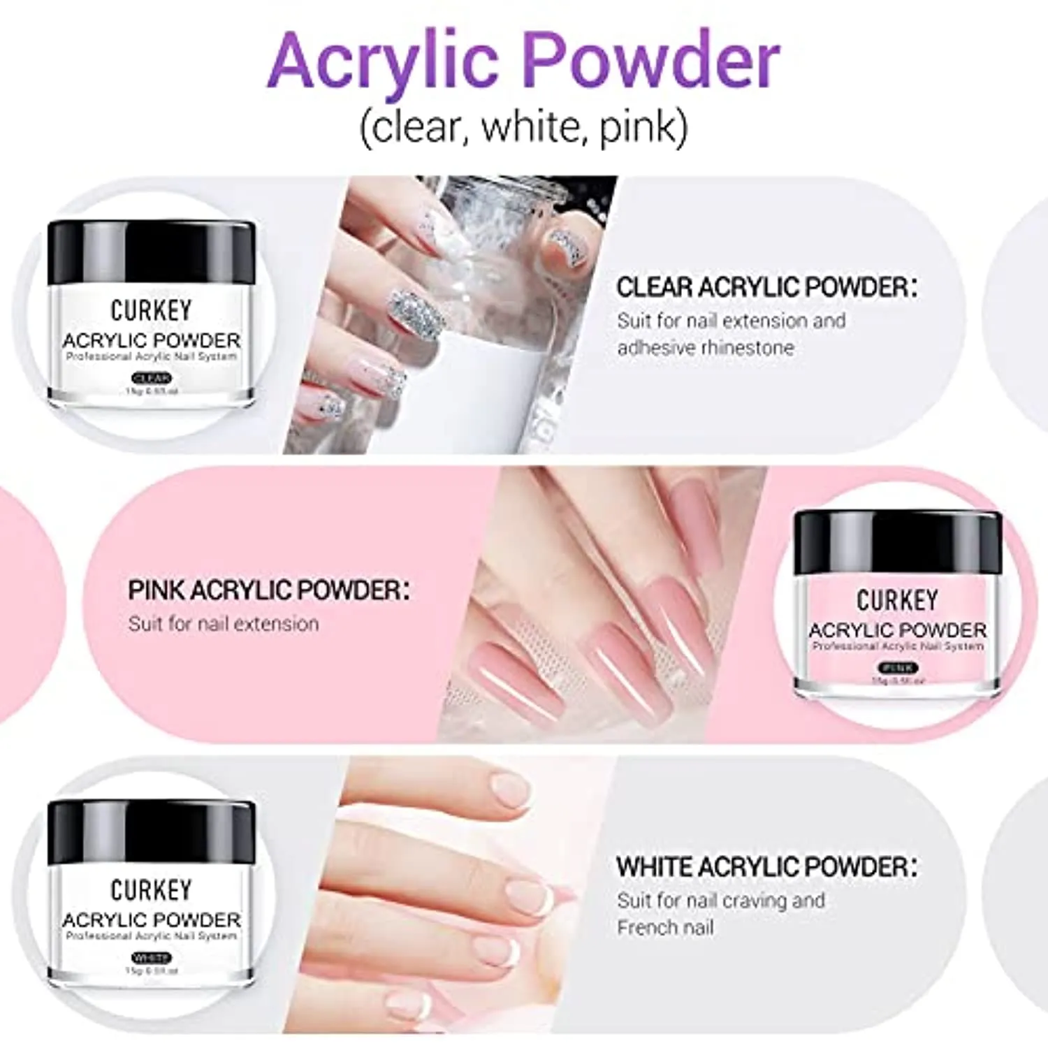 CURKEY Acrylic Nail kit - Acrylic Powder and Liquid Set Monomer Primer Top Coat Acrylic Nail Supplies Brush Forms - Nails Kit Acrylic Set with 3 Colors Nail Powder for Art Nails Extension Beginner
