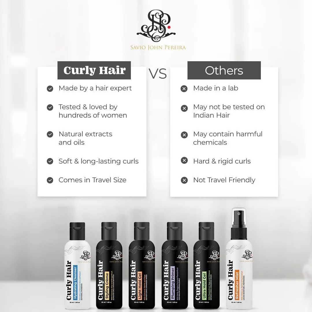 Curly Hair Plumping Primer, Gel Light and Refresher Mist Set | Frizzy Curly Hair Products | Hair spray | Hair care for curly hair | Magic hair care for curls| By Bollywood Hair Stylist Savio John Pereira - 50ml each