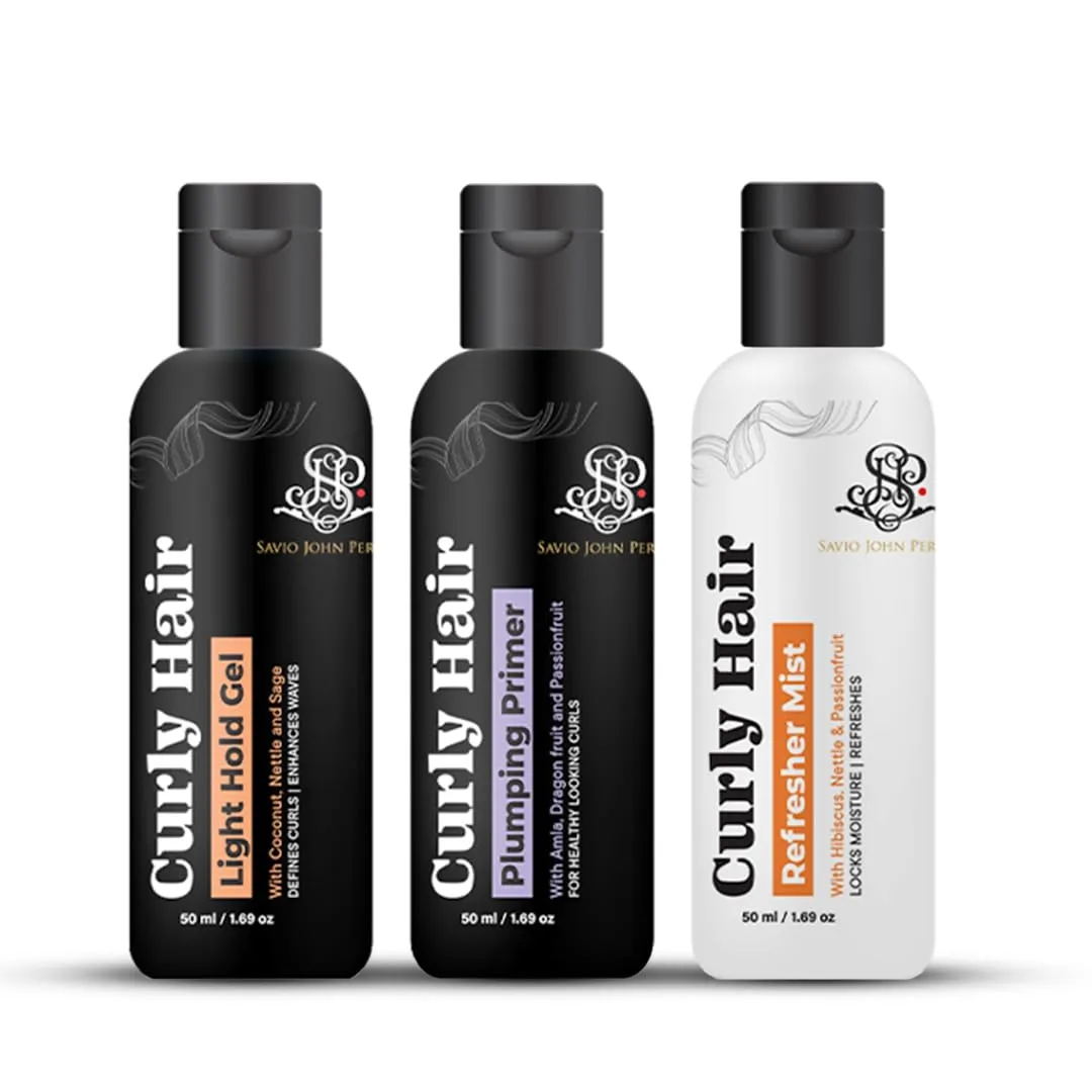 Curly Hair Plumping Primer, Gel Light and Refresher Mist Set | Frizzy Curly Hair Products | Hair spray | Hair care for curly hair | Magic hair care for curls| By Bollywood Hair Stylist Savio John Pereira - 50ml each