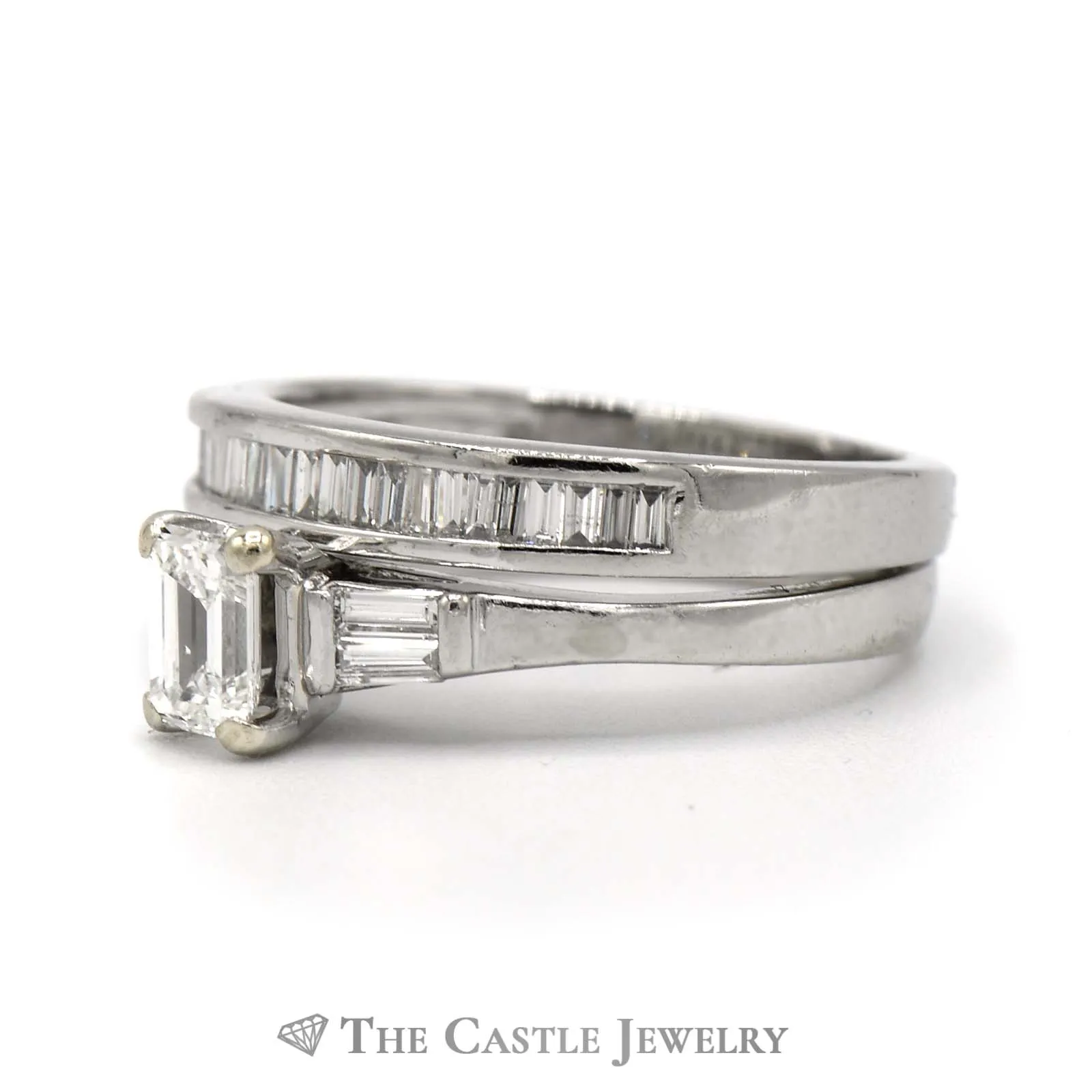 Emerald Cut Diamond Engagement Ring and Diamond Band Bridal Set in Platinum