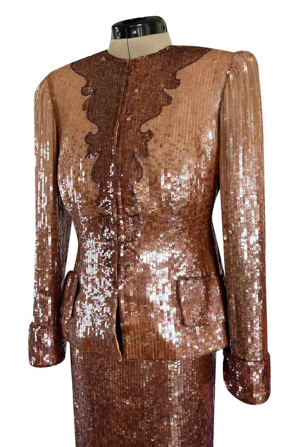Fabulous 1980s John Anthony Couture Pink & Bronze Fully Sequinned Strapless Dress & Matching Jacket