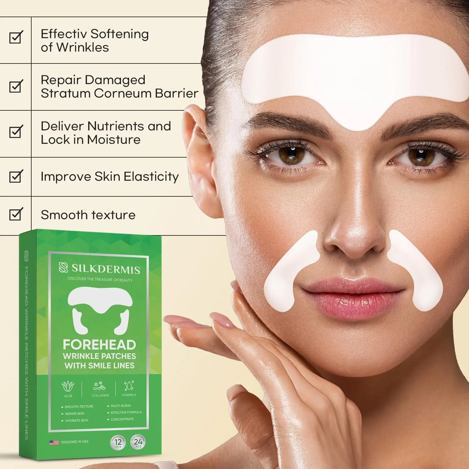 Forehead Wrinkle Patches 12Pcs with Smile Line Patches 24Pcs with Aloe, Collagen, Vitamin E, Forehead Wrinkles Treatment and Smile Lines Treatment