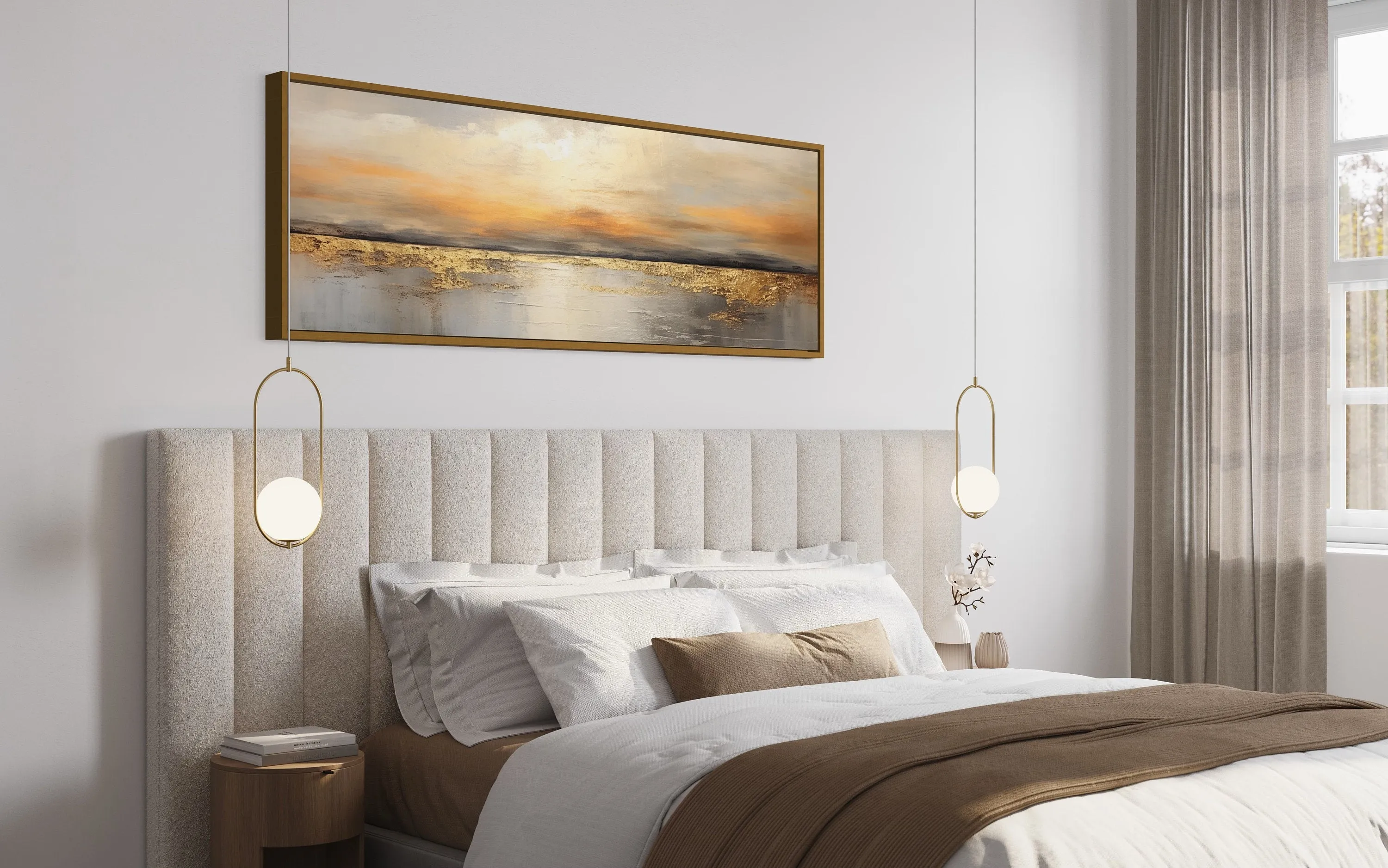 Gold And Silver Ocean Sunset Long Horizontal Above Couch Or Bed Wall Art
