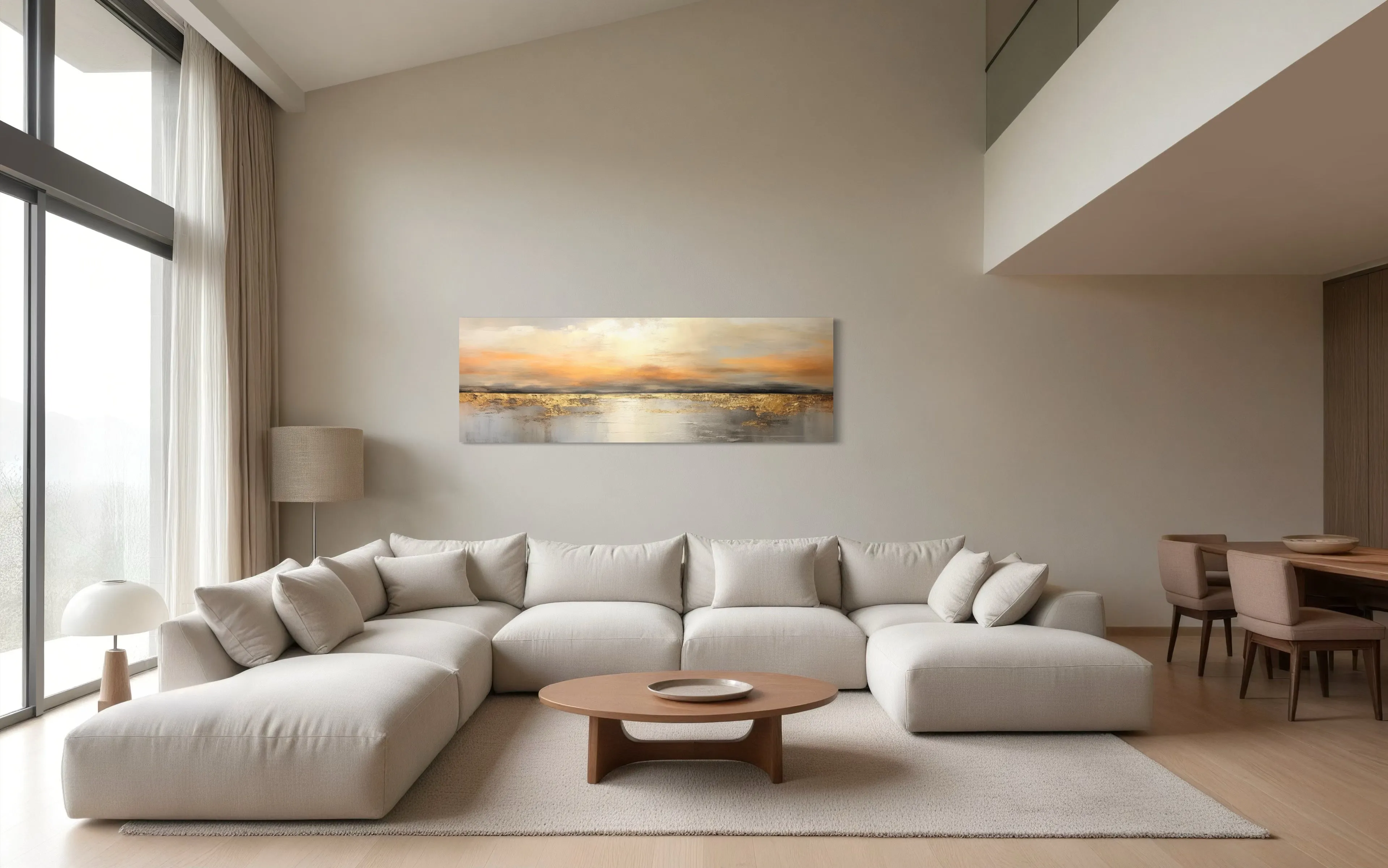 Gold And Silver Ocean Sunset Long Horizontal Above Couch Or Bed Wall Art