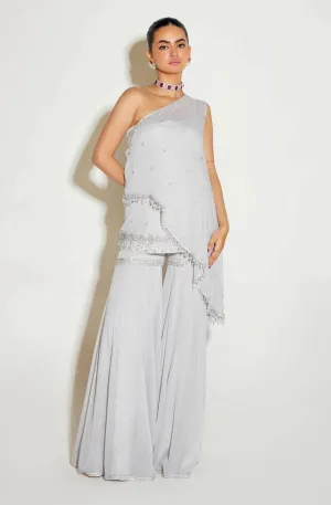Grey one shoulder cape and sharara set