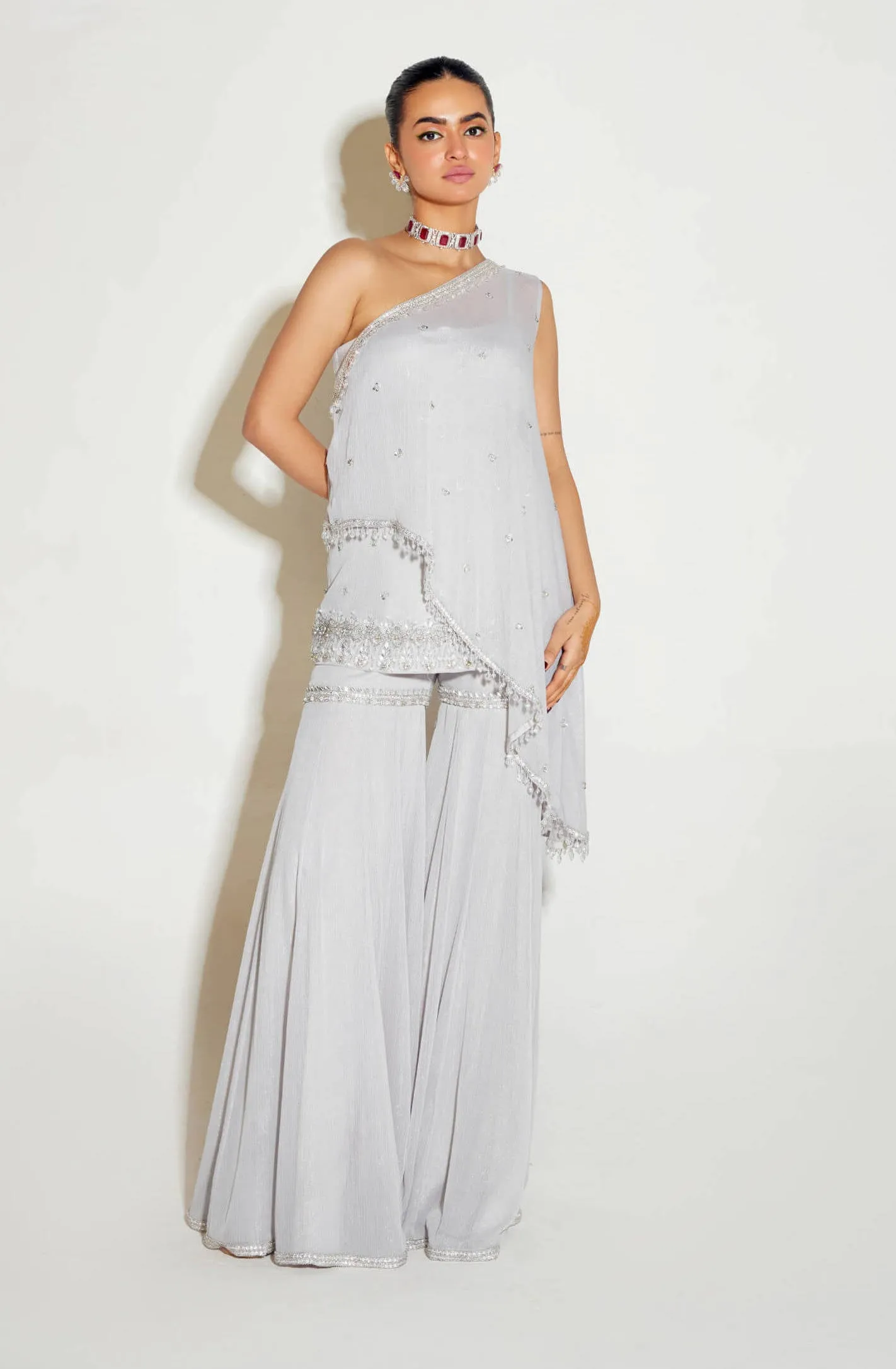 Grey one shoulder cape and sharara set