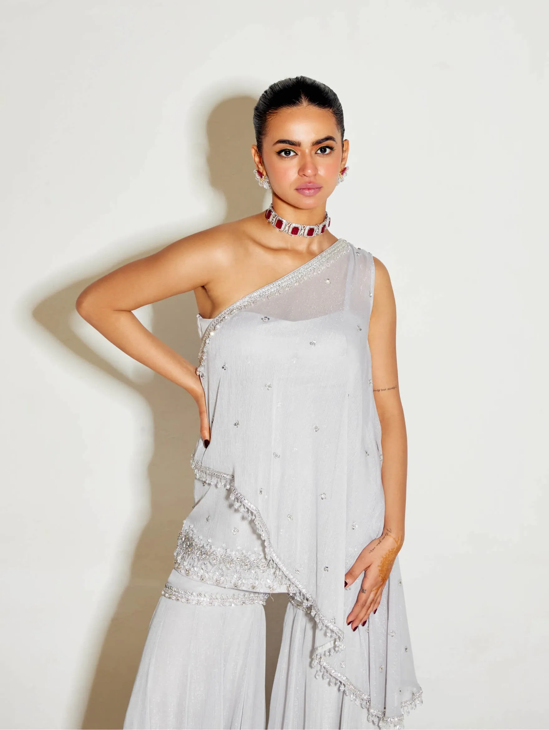 Grey one shoulder cape and sharara set