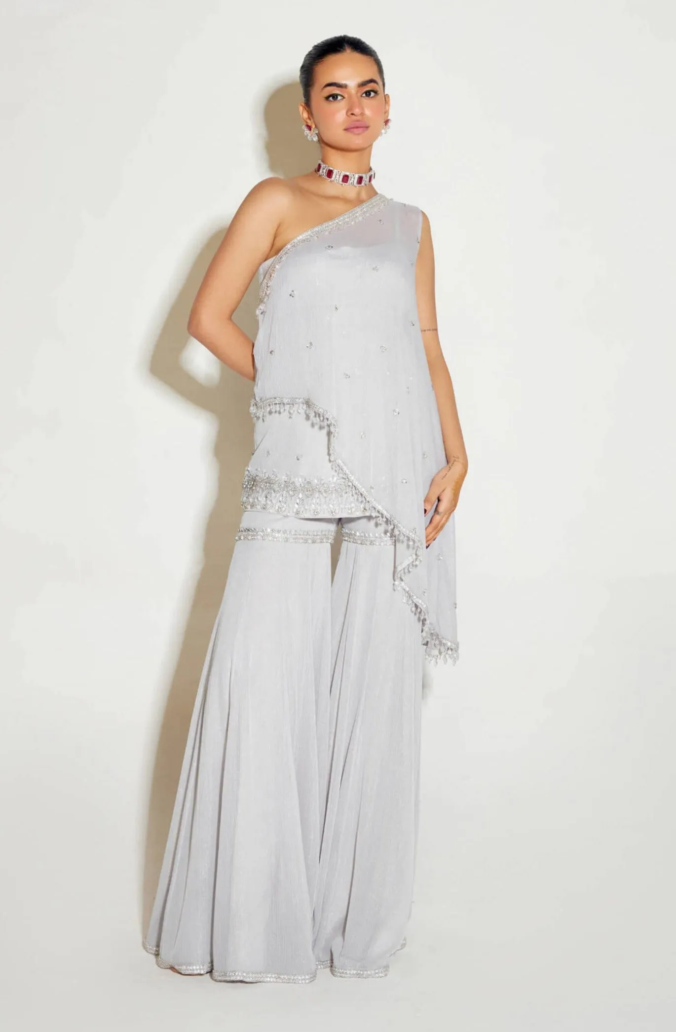 Grey one shoulder cape and sharara set