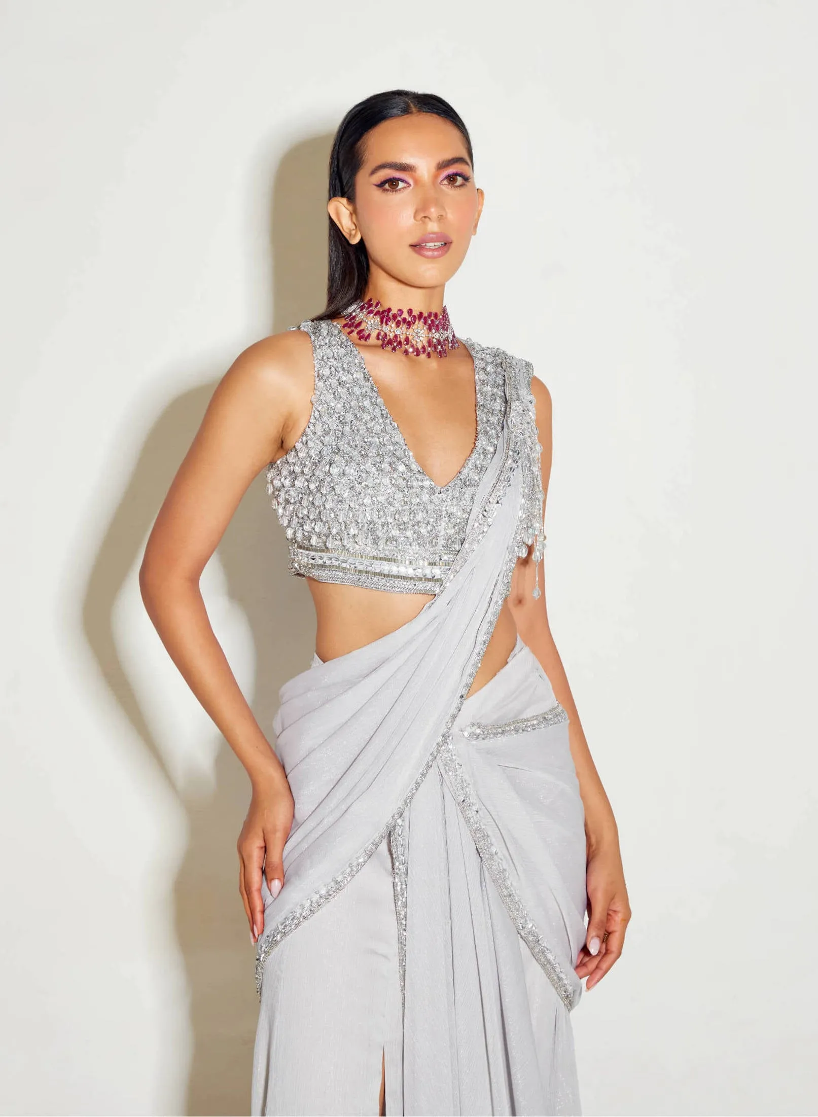 Grey slit sari and blouse