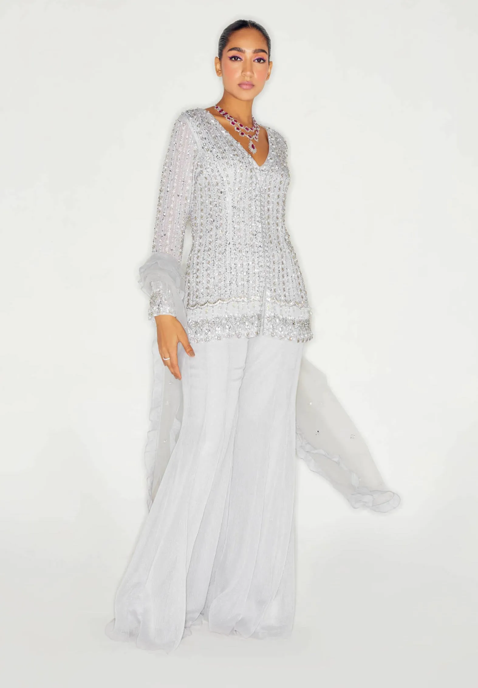 Grey tonal kurta and flared pants set