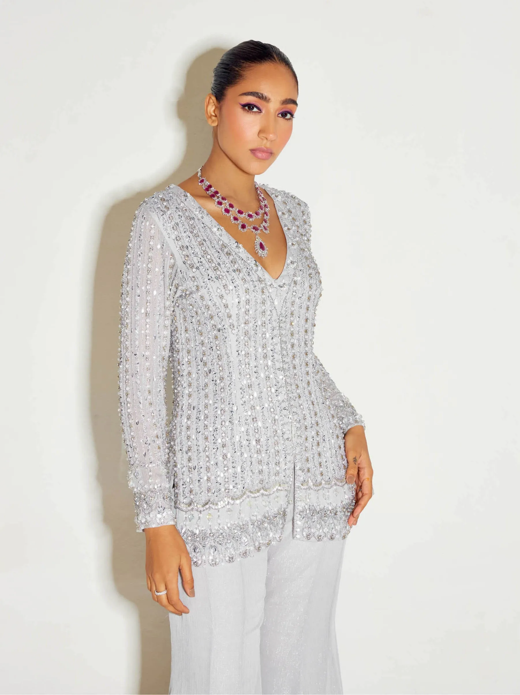 Grey tonal kurta and flared pants set