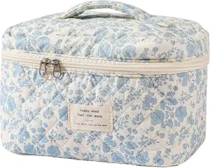 Large Travel Quilted Makeup Bag for Women, Floral Cotton Cosmetic Bag, Coquette Aesthetic Floral Toiletry Organizer Bag